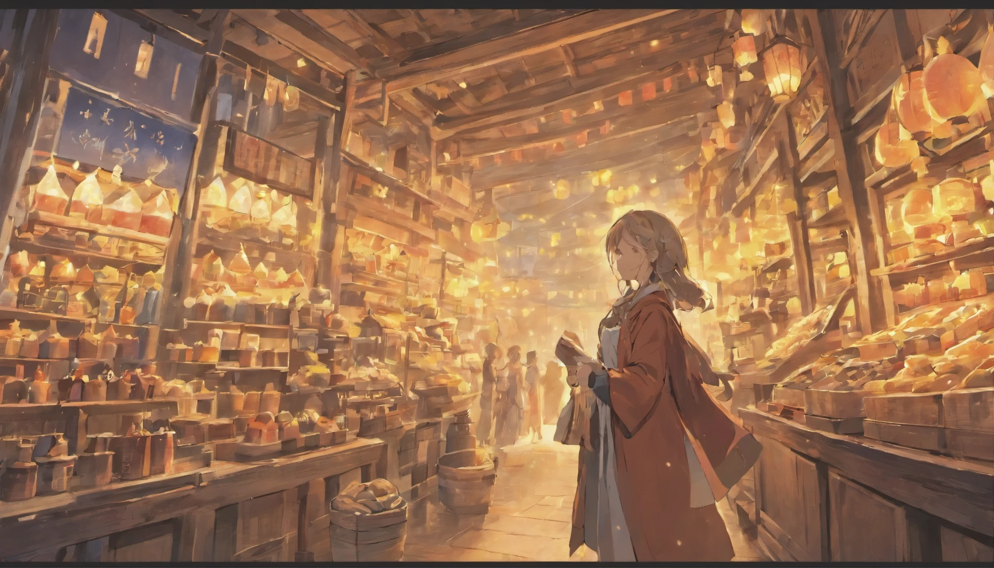 Cute female merchant selling magical items in a busy market,fantasic world,wearing robe,many goods display,masterpiece,soft line,midnight,many lightning ,floating castle over there,many people,dynamic angle,A port town on a slope facing the sea