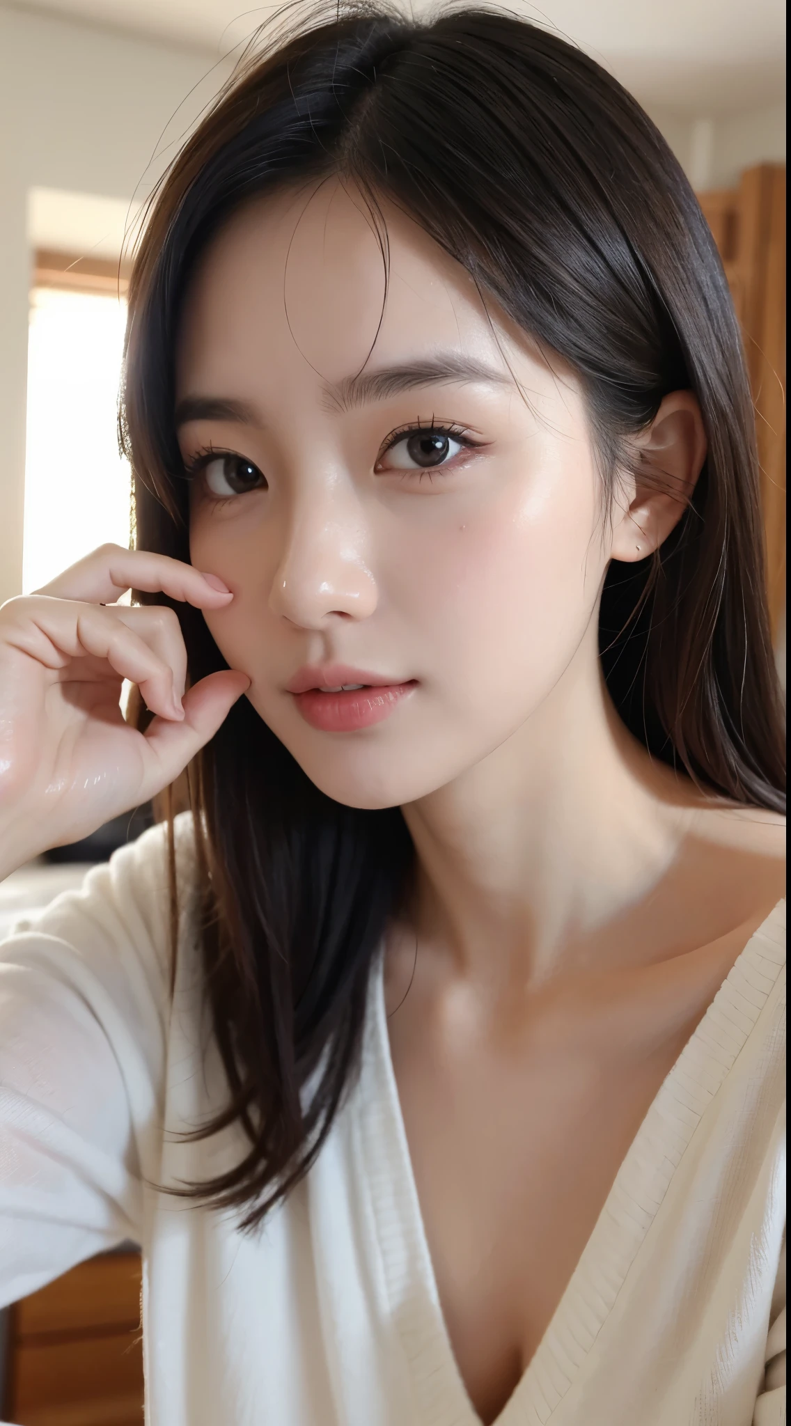 Woman looking at camera、Young children、upward glance、no makeup、No makeup、Take a selfie with your phone、cute pose、close up of face、influencer、Instagram、room