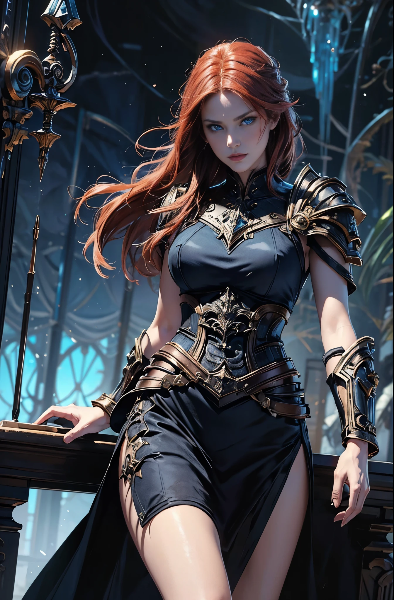 Arafe woman in black dress with sword and armor, red hair, 4K fantasy art, epic fantasy art style hd, Epic fantasy digital art style, detailed fantasy art, HD fantasy art, high quality fantasy art, fantasy paladin female, detailed fantasy digital art, 2. 5d cgi anime fantasy artwork, epic fantasy art style, Beautiful Female Knight, Battlefield Commander, Battle Master, A woman in her 20s who boasts unparalleled beauty, invincible female knight, Valkyrie, best quality, perfect angle, perfect composition, best shot, official art, cinematic light, very beautiful and fantastic, extremely detailed and beautiful eyes, blue eyes without pupils, beautiful blue eyes, quite beautiful face, wallop style, Style Ivan Talavera and Artgerm, wallop and art germ, art germ style, inspired by Vincent Lefevre, Gwaites style artwork, artgerm and wlop, figurative art, Beautiful and expressive paintings, Beautiful artwork illustration