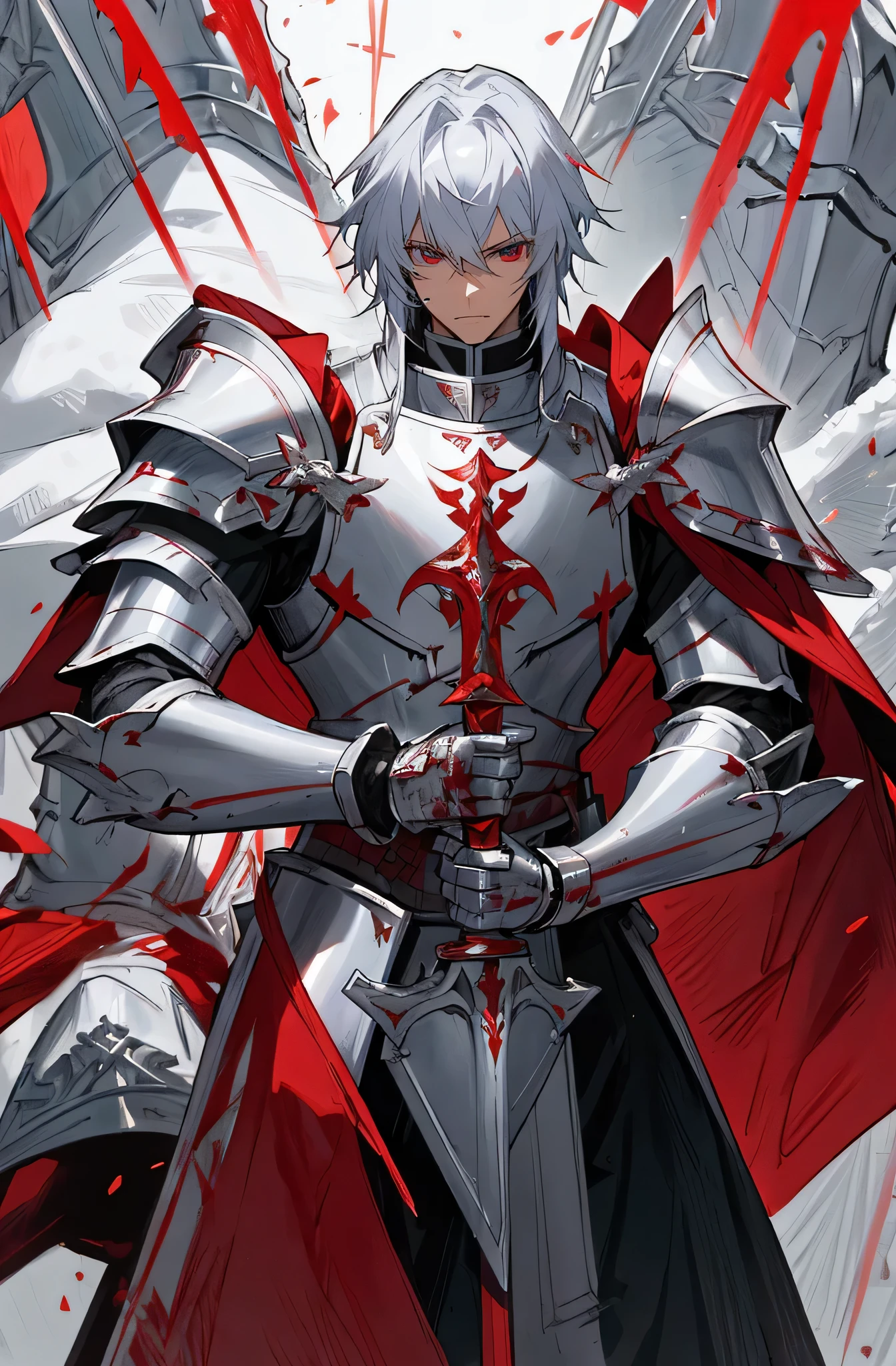 a man in armor standing in the snow with a sword, white and red armor, silver armor and red clothing, a human male paladin, male paladin, handsome guy in demon slayer art, full portrait of magical knight, fantasy paladin, fantasy knight, blood red armor, male warrior silver armor, blood knight, detailed anime character art, beautiful armor