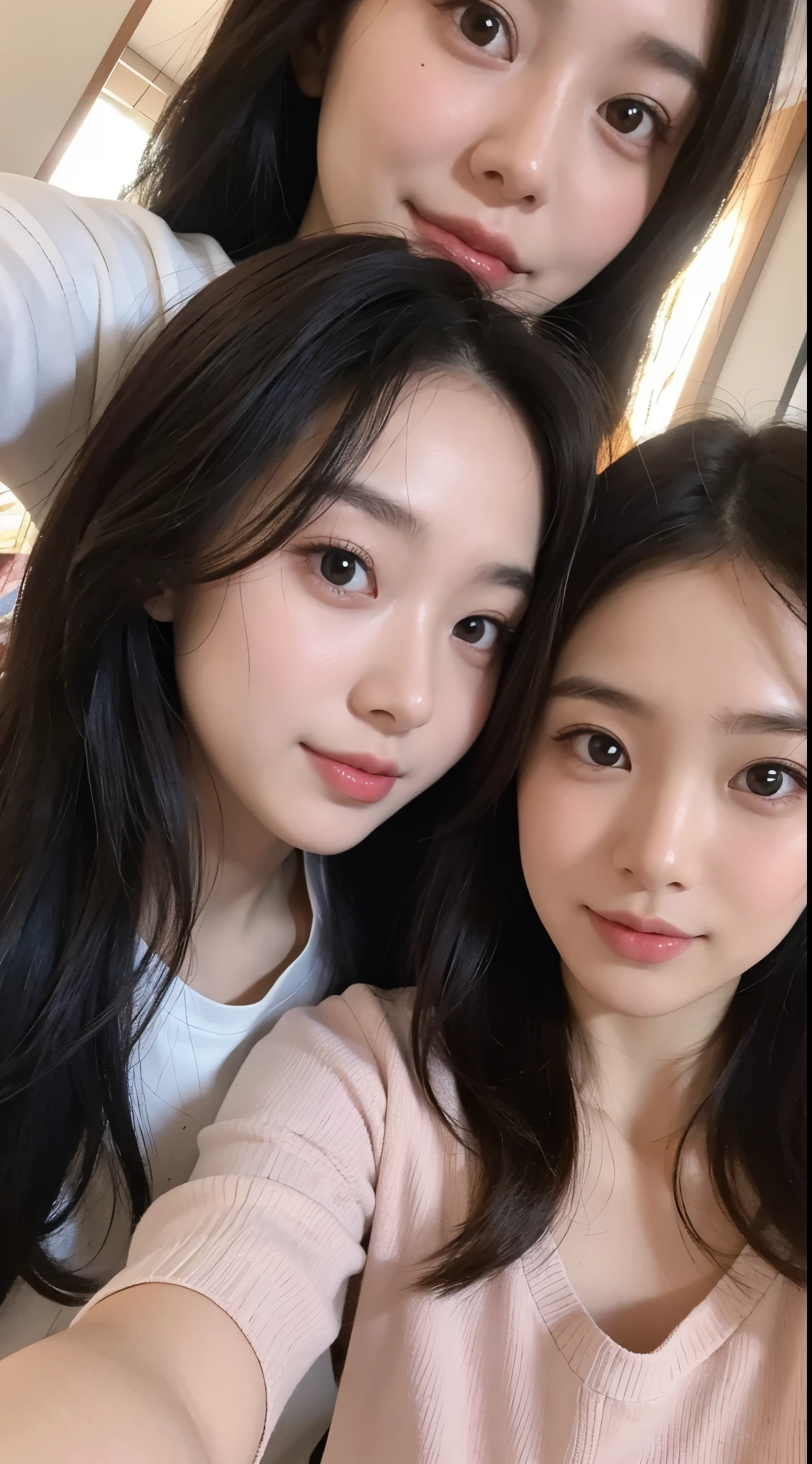Woman looking at camera、Young children、upward glance、no makeup、No makeup、Take a selfie with your phone、cute pose、close up of face、influencer、Instagram、room