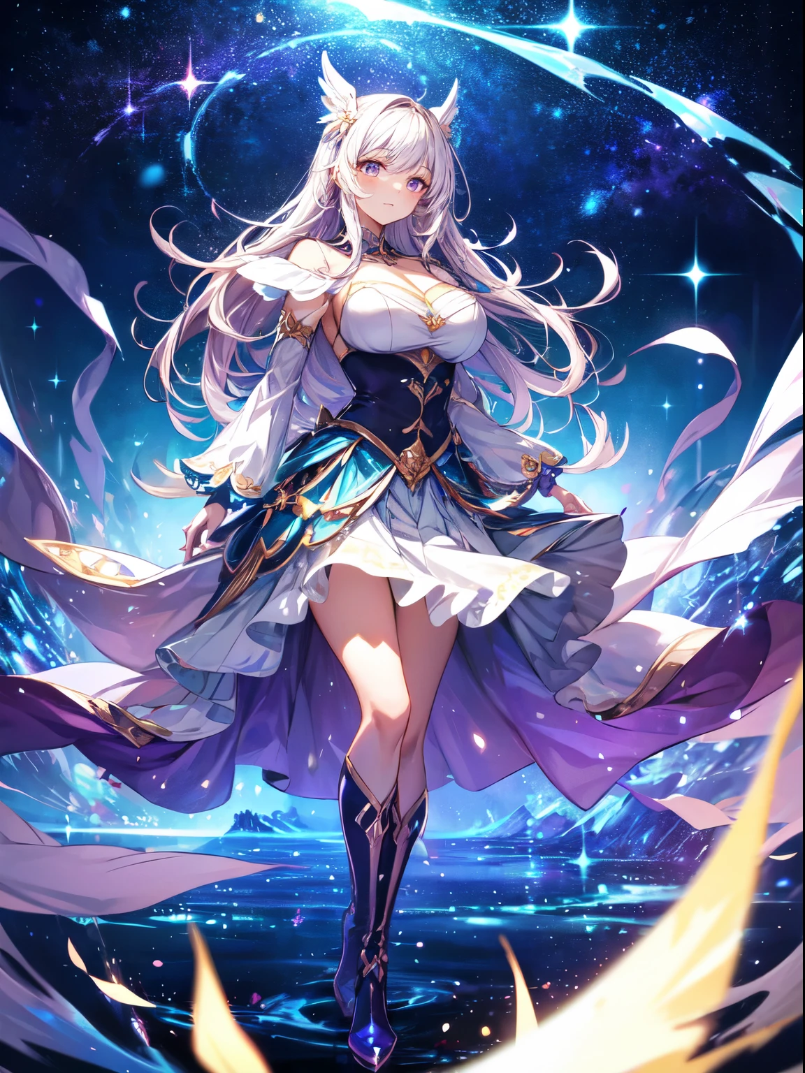 ((magical girl)), ((gorgeous starry sky background)), ((ultra-detailed)), ((cinematic lighting)), dynamic angle, (huge breast:1.2),floating, finely detailed, (glitter:1.2), (sparkle:1.2), (shine:1.2), classic, (painting:1.1), (sketch:1.1), (best quality), (masterpiece:1.2), (solo), beautiful detailed face, colorful hair, (long hair:1.2), (floating hair:1.2), (magical girl outfit), detailed outfit, (magical effects:1.3), (flowing skirt:1.2), (cute boots:1.1), (transparent fabric:1.1), (twinkle:1.2), (glow:1.2), (radiance:1.2), (flicker:1.2), (dazzle:1.2)