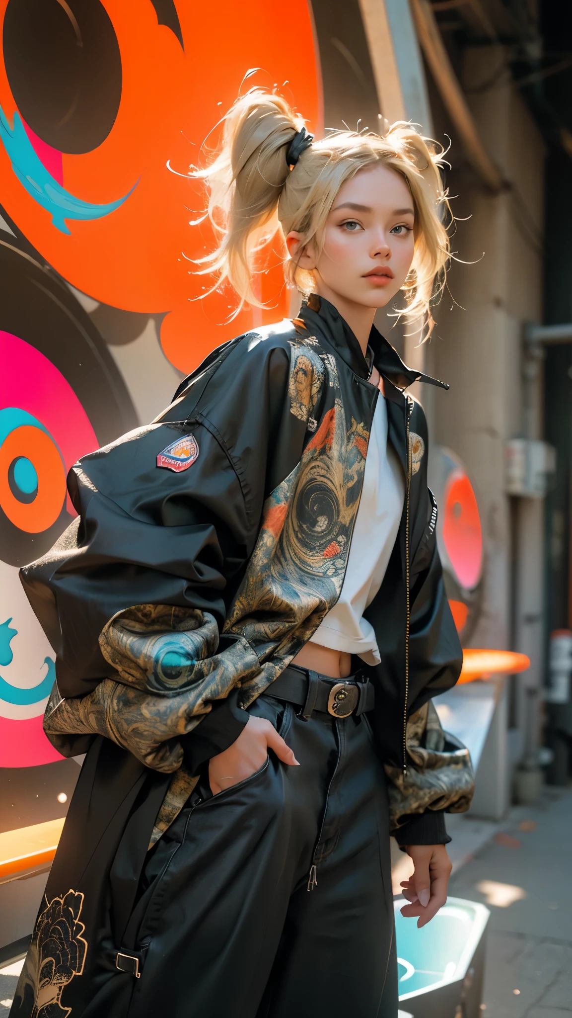 (absurdres, highres, ultra detailed), (1girl:1.3), twintails, blonde hair, BREAK , digital sculpture, 3D modeling, computer-generated forms, virtual art, cutting-edge technology, innovative design, futuristic creations BREAK , psychedelic art, vibrant colors, swirling patterns, optical illusions, hallucinatory visuals, mind-expanding imagery, counterculture influence BREAK , urban style, street-inspired clothing, oversized jackets, graphic prints, statement sneakers, bold accessories, modern cuts, (cowboy shot:1.3)