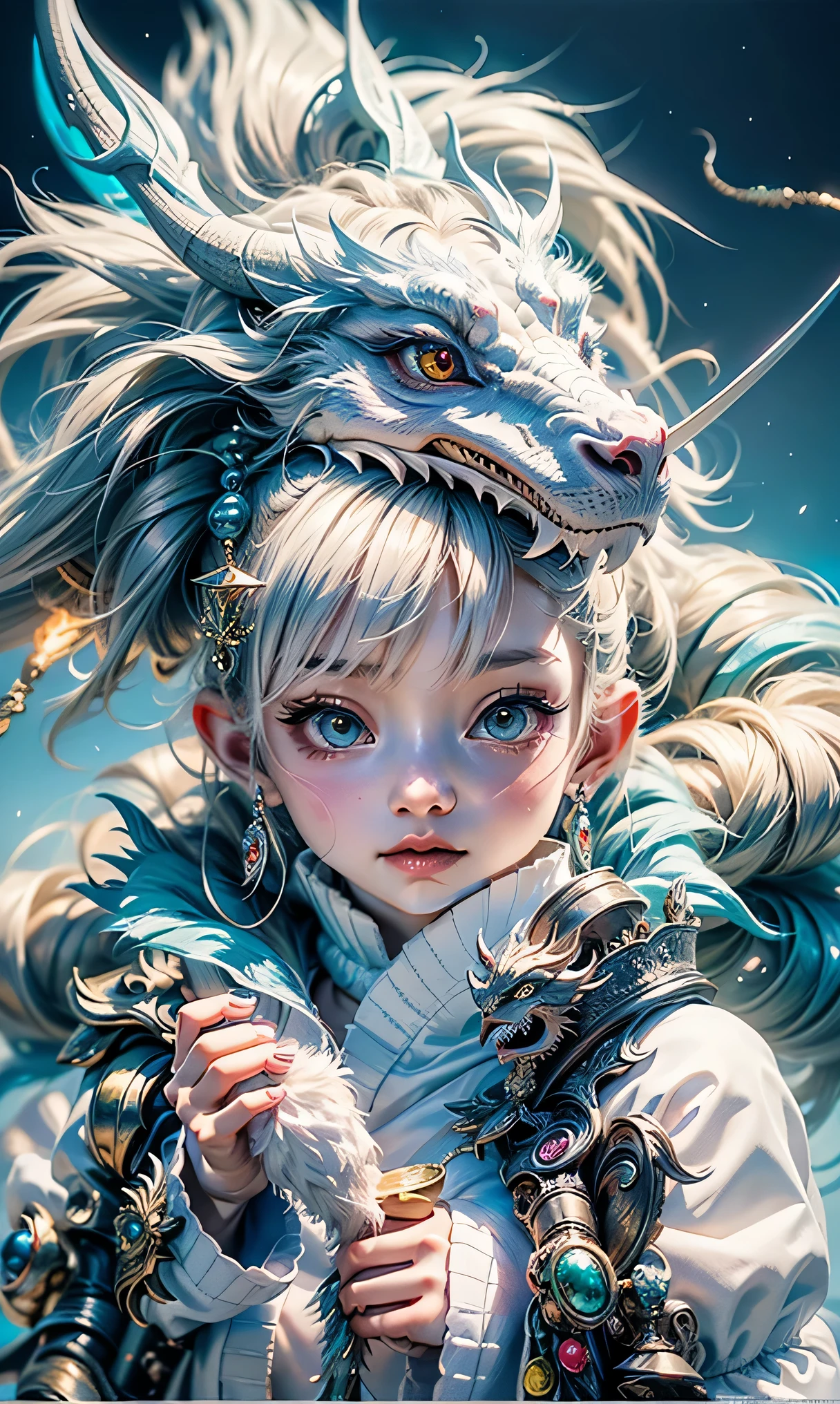 A closeup of a  wearing a white dragon costume, arte digital detalhada bonito, arte de anime digital detalhada, Art not Guweiz style, painting digital adorable, the dragon girl portrait, dragon girl, anime fantasy illustration, por Yang J, Fantasia chinesa, Loong, por Li Song, pintura de personagem bonita, arte detalhada do anime, Guweiz