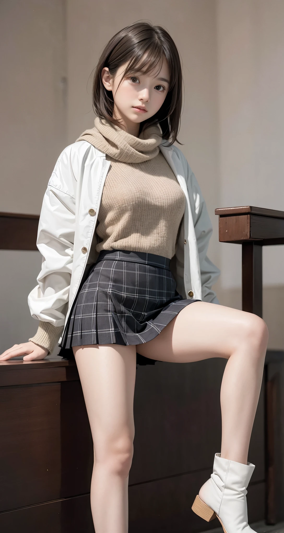 (masterpiece:1.3), (8K, Photoreal, Raw photo, Subject a little far away、best image quality: 1.4), 17-year-old girl、((Full body shot down to the toes))、healthy slim body shape、A small round face with a cute smile、super detail face、Detailed and moist eyes、natural makeup、((With bangs、Medium hair styled up))、(Beautiful woman:1.4)、light brown hair、natural color lip、highest quality、masterpiece、Super high resolution、(Photoreal:1.4)、Scarf、Down jacket、Tight sweaters、plaid pleated mini skirt、round big breasts、Beautiful raw legs、ankle mini boots、cute expression、transparent skin、Pose staring at the viewer、shining hair、Full body Esbian shot、facing the front、Whole body proportions、