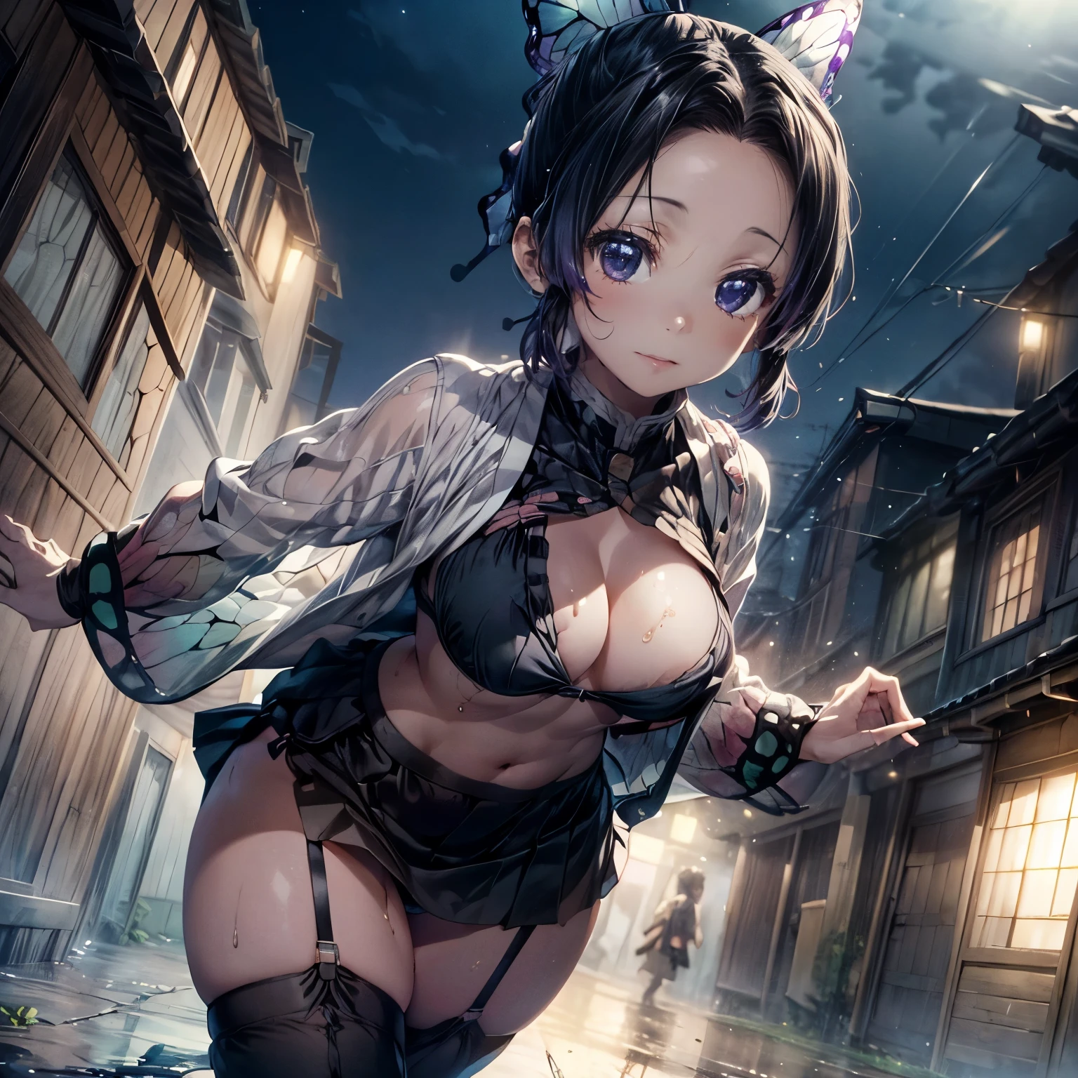 ((Kochou Shinobu)), (Masterpiece:1.2, 8k, High Quality, High-Detailed, Detailed CG, Cinematic Lighting, Photorealistic Lighting, Beautiful Detailed Eyes, Ultra Resolution), (Full Body View), (Erotic Suggestiveness:1.0), (Seductive Expression:1.3), NSFW, Butterfly Hair Ornament, Purple Eyes, Multicolored Hair, Short Hair, Larger Breast, (Cleaveage:1.3), Thigh, Legs, (Slide Slit Miniskirt:1.5), Lift Skirt, (Butterfly Panties: 1.5), Micro Panties, Five Fingers, Black Panties (Slit Panties:1.0), Pantyhose, Shining Skin, Smooth Skin, Anime Females is dancing, Shining Sky, Wet Ground, Japanese Architectures Background