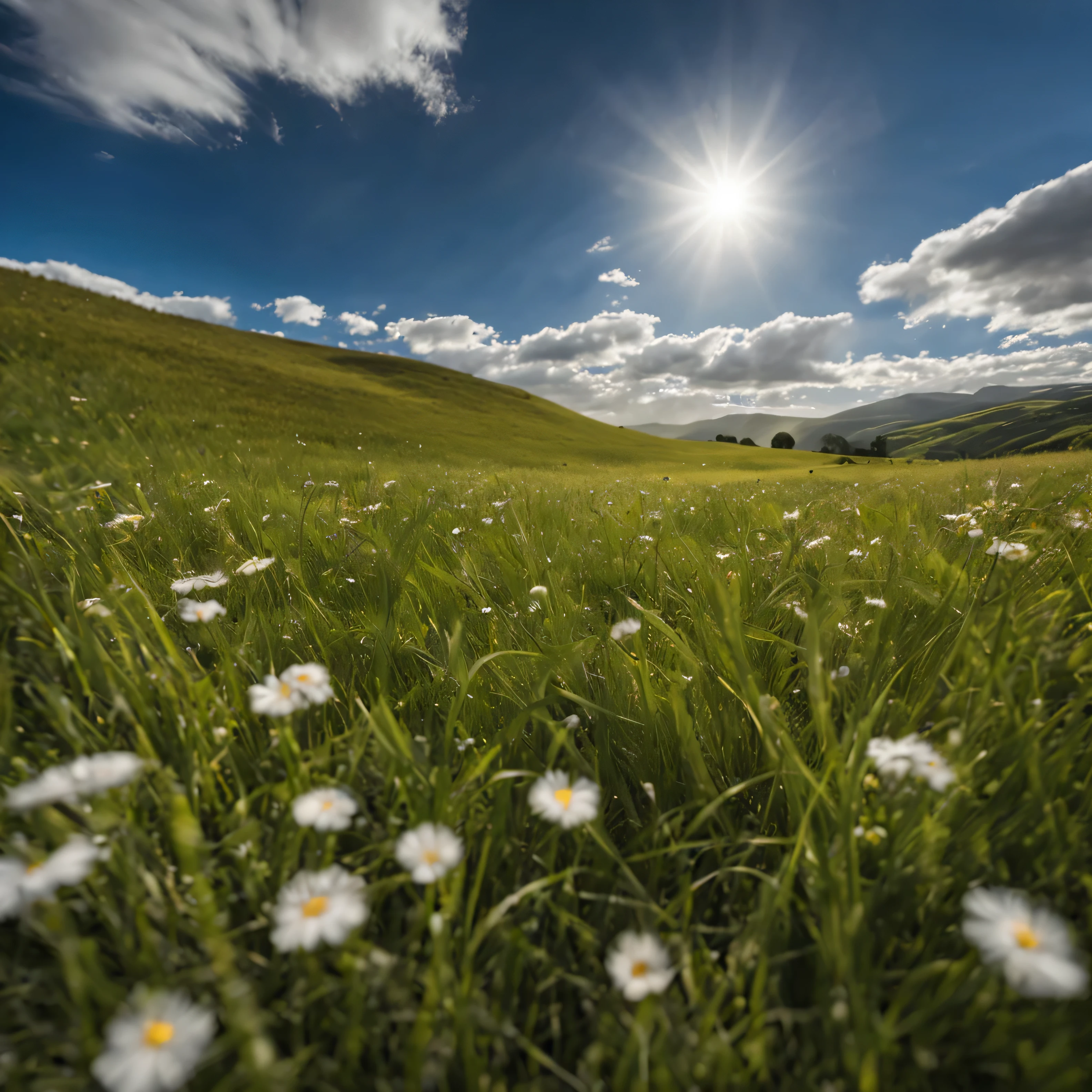 a wide angle shot of a beautiful vast grassland, with slopes, blue sky, scattered clouds, small flowers in the grass, sunny weather, Canon EF 11-24mm f/4L USM Lens.