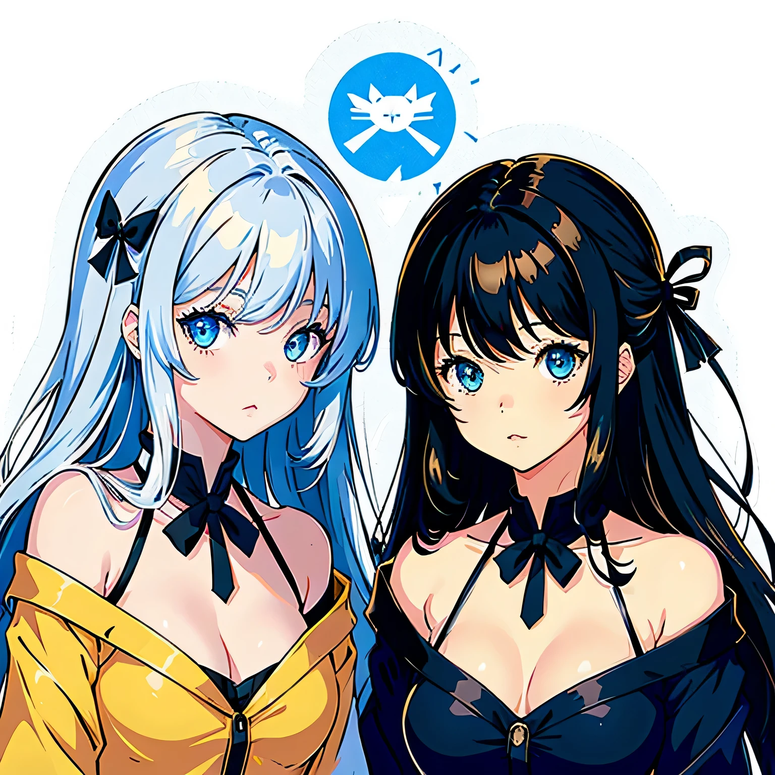 猫とgirl, Black cat with golden eyes, girl'hair color is silver、eyes are blue.,cute、anime style、illustration style、the background is white