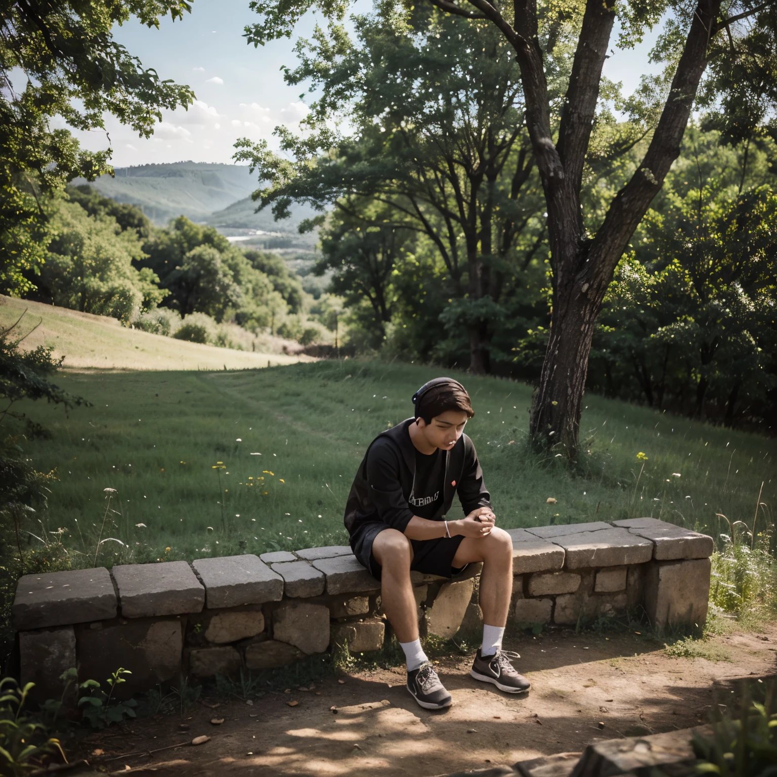 Alone boy listening music near by nature uphills