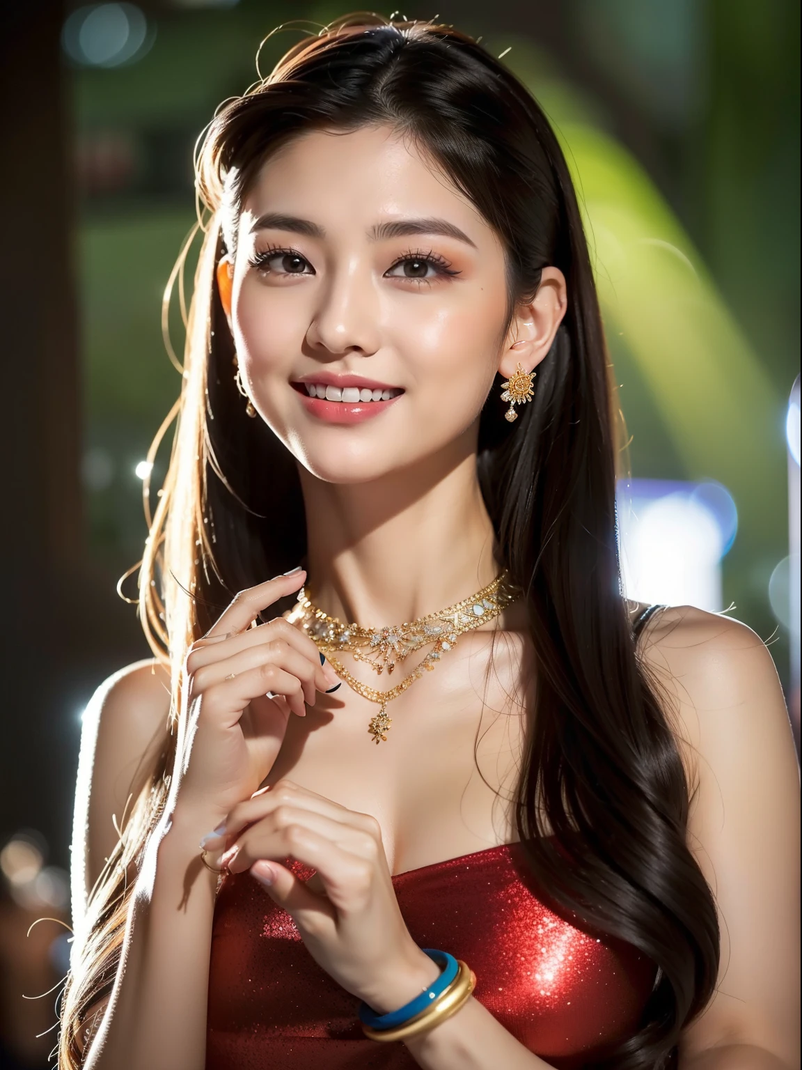 (8K分辨率,Faraway view,Photographs of legultiple women,20yr old,(The facial features of Thai Aump:1.8,Thin skeletal cheeks,s delicate face),com rosto detalhado,Lovely face,com rosto detalhado,详细的脸,Ultra-fine makeup,Black colored eyes,(Look into the camera),Long dark red hair,(Messy has layers),Redlip,Fair ,(Best Skin Type:1.21),mediuml breasts,thighs,((Thai evening dress:Siwalai,Delicate shawl straps,Luxurious ladies' tube dresses),A small number of flower hairpins,Luxurious necklaces and bracelets),Tall and tall,The action of flying kisses,perfect hand,Ultra-fine clothing material),(party,banquet,tropical treelower wall,Exquisite environmental detailhilarated,confident smile,Rejoice,intimacy,Jealoulourish),(profesional lighting,动态照明),((The colors are relatively uniform,Noble sexy,vivaciousness,rays of sunshine(golden colored,red colour,in pink))),(Golden section,Cinema lenses,Dynamic shots,Hasselblad photograp,tmasterpiece:1.3),(adolable,rays of sunshine,vivaciousnesistic,Raised sexy,Celebrity,trendsetting,Folklore,Artis,Art platform)