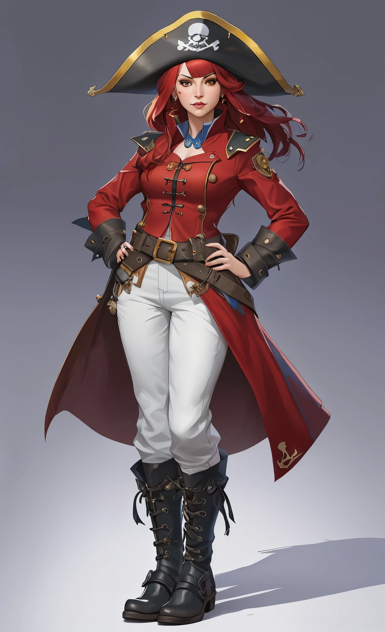 a woman in a pirate hat and red coat, stunning character art, hololive art feminine, swashbuckler class pirate, epic exquisite character art, by Yang J, ruan jia and artgerm, by senior character artist, style artgerm, beautiful full body concept art, female pirate captain, Hoshou Marine