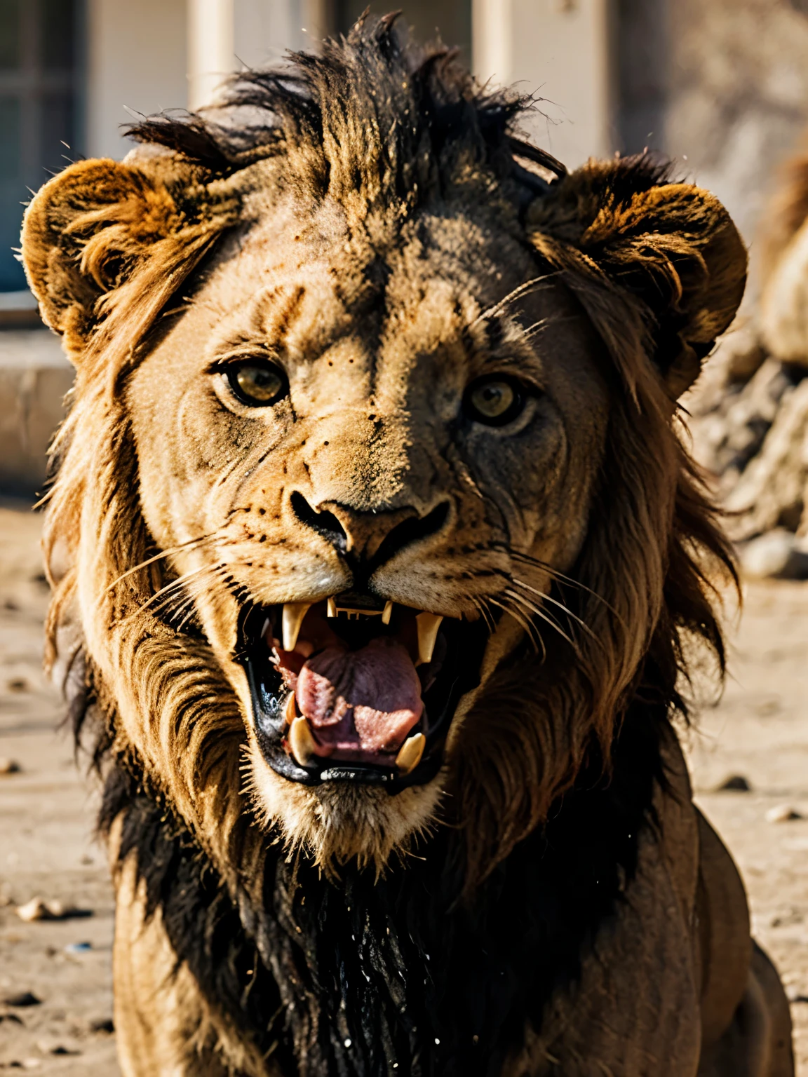 the head of a male lion with a gaping mouth ready to pounce