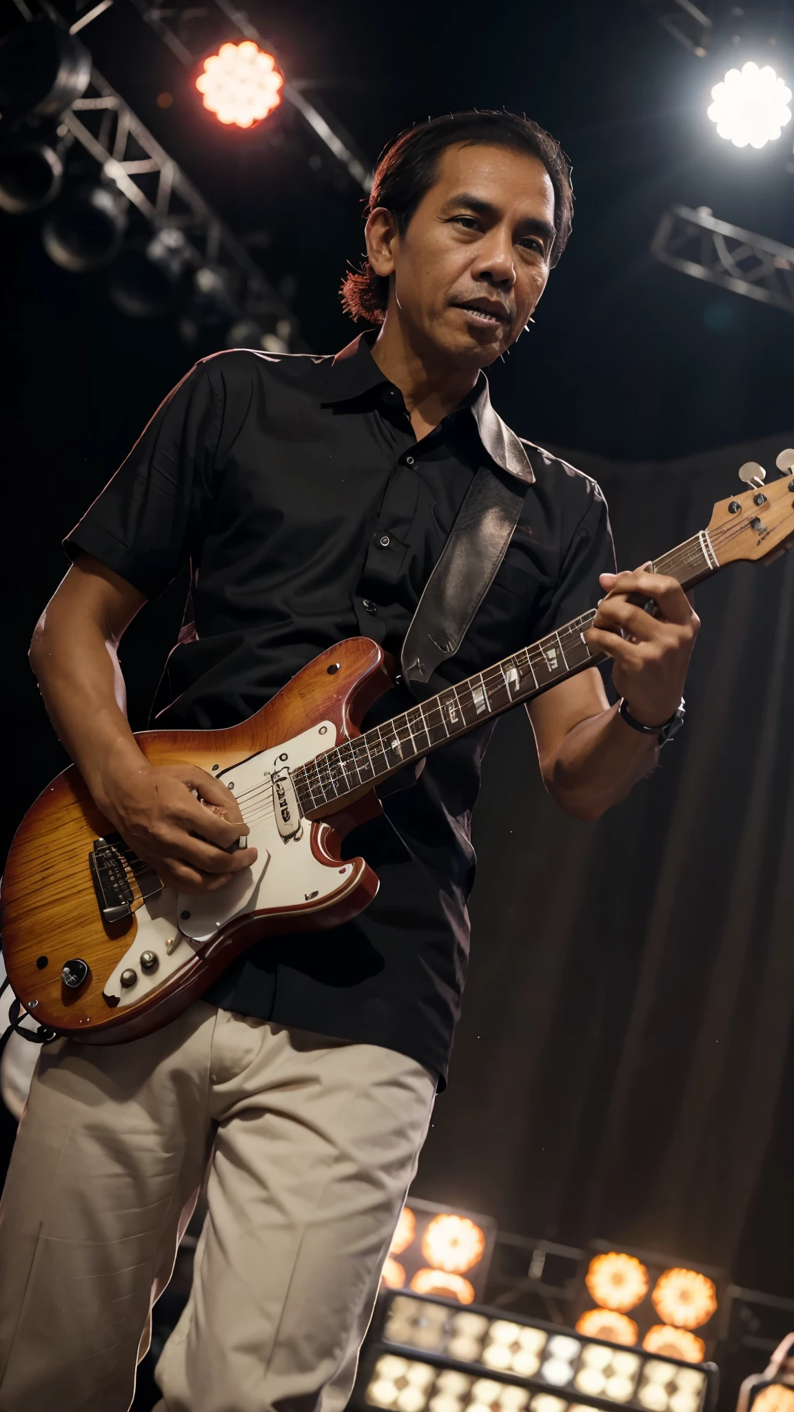 Jokowi Widodo man playing the guitar, rockstar, crowd cheering, lights, concert, band, having fun, Indonesian , realistis, hyperrealistic