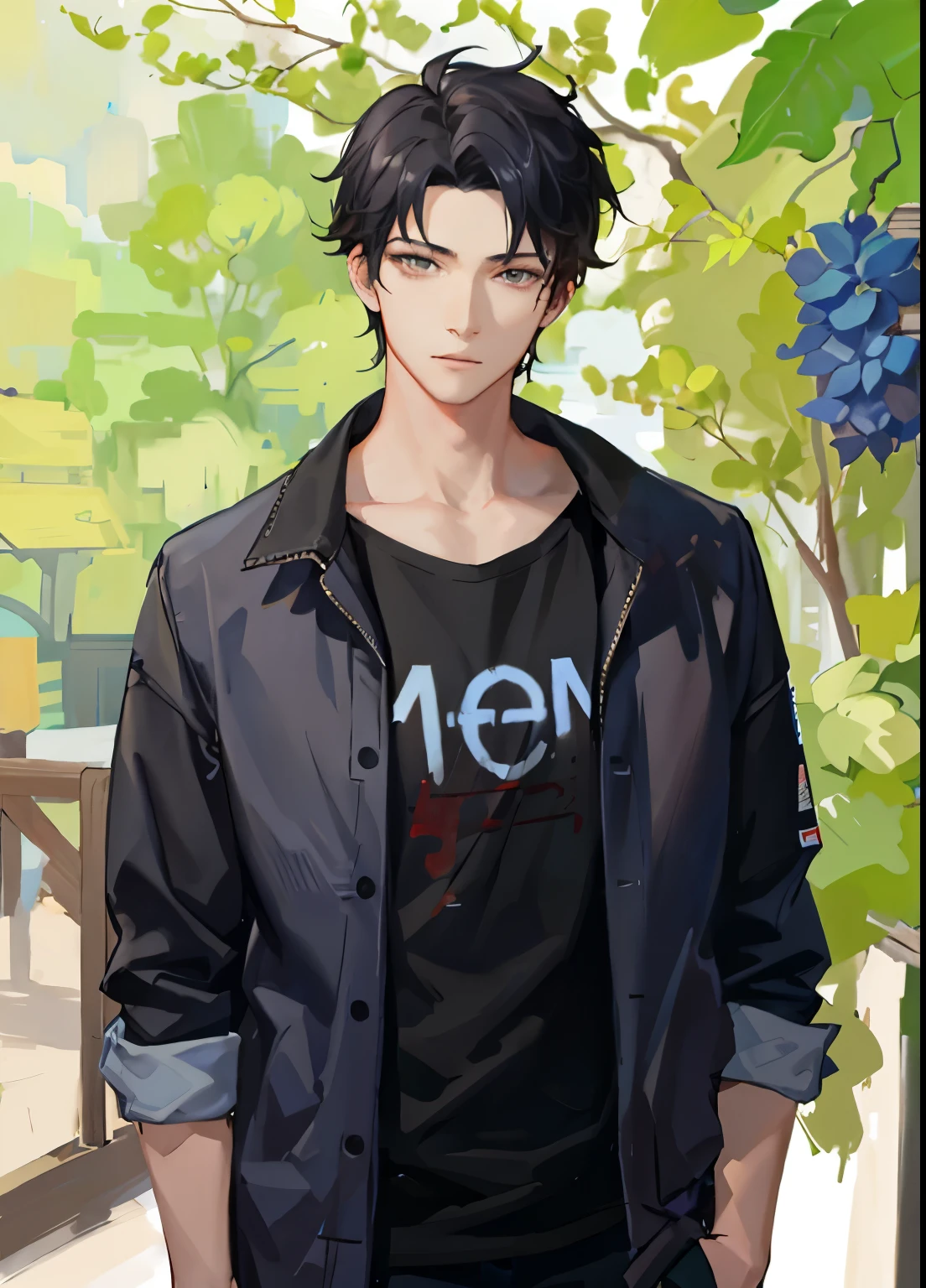 There was a man standing in front of a wall covered with vines., Artwork in the style of gouache, Inspired by Bian Shoumin, Inspiration from Yan Juncheng, Realistic art style, Made with Anime Painter Studio., Inspiration from Zhang Han, digital anime illustration, handsome anime boy, Inspiration from Xiao Yunkong, Realistic art style, Drawing in Anime Painter Studio