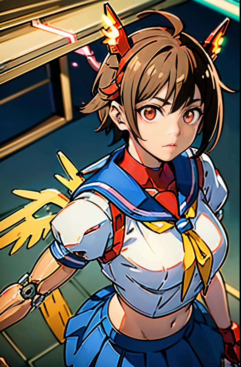 1girl solo,Standing depiction、(Large symmetrical mechanical wings:1.6)、((kasugano sakura:1.3))、(Symmetrical mechanical headgear:1.6)、Beauty Cyborg, Cyborg - beautiful woman with brown short bob hair perfect anime cyborg woman, cute cyborg beauty, beautiful cyborg beauty, cyborg girl, (Perfect android beauty), (perfect cyborg woman), (Cyborg - Girl), (beautiful female cyborg)、 beautiful white girl cyborg, beautiful female android, Beautiful and attractive female cyborg、walk、full body description、(Mechanical sailor suit:1.5)、(mechanical ruffle skirt:1.5)、((Combat readiness))、(Glowing red mechanical eyes:1.9), brown hair, short hair, bangs, Ahoge,(head band), ((Gray uniform:1.4)), puffy sleeves, crop top, yellow neckerchief, ((gray skirt:1.4)), fingerless gloves, thighs thighs thighs, white socks, red footwear,Expressionless、(table top, highest qualityの, highest quality, beautiful and aesthetic: 1.2), very detailed, more detailed,Proper body proportions,table top,Super high quality output image,High resolution,intricate details,very delicate and beautiful hair,realistic pictures,dream-like,professional lighting,realistic shadow,focus only,Anime one、finding stance, punching, finding,raise one leg、cel anime