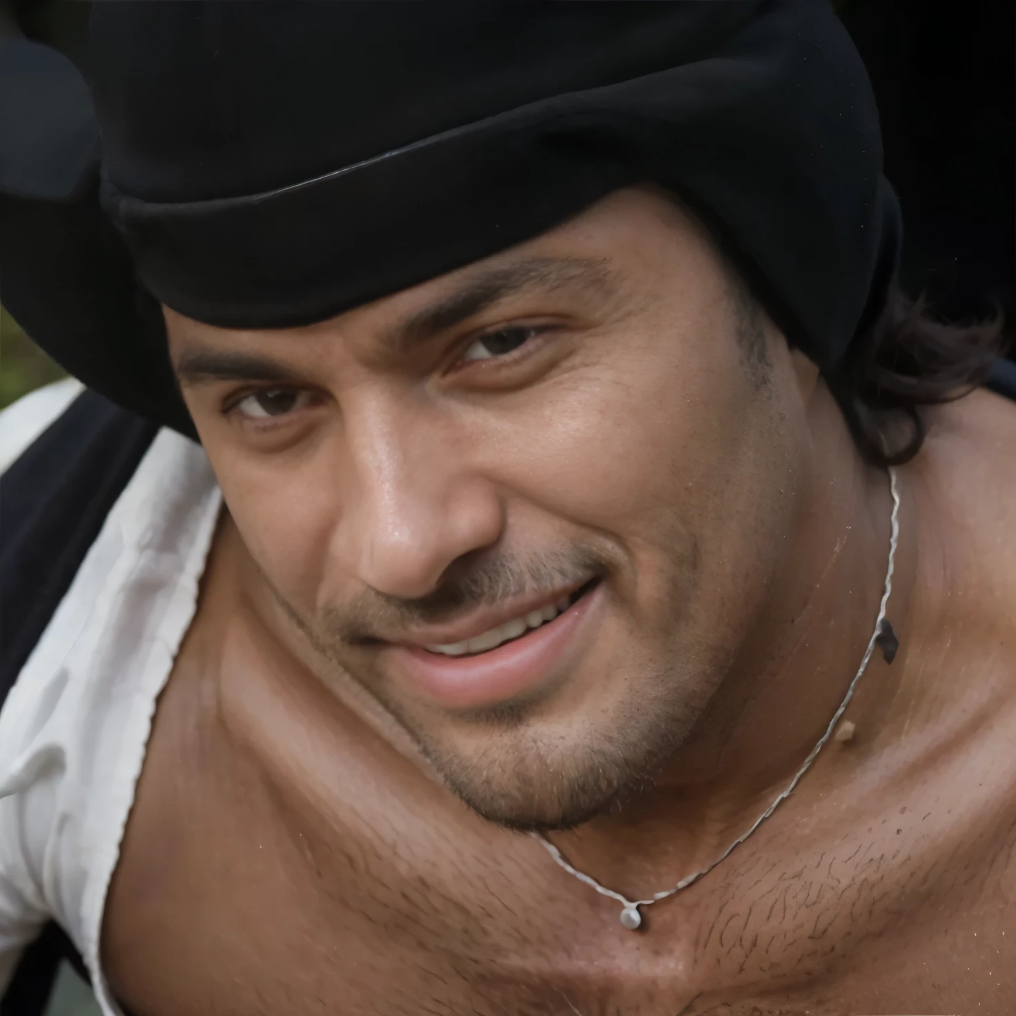 (masterpiece), (realistic), (ultra detailed), ( high reest quality), (photorealistic), (perfect face), (perfect anatomy), ((man))), (((male))), (((fat))), solo, (((negro:1.2))), ((30 years old))), Marshall D. Teach from one piece, Marshall D. Teach, one piece, long curly hair, wearing a black robe, black beard, wearing a necklace accessory, (((His mouth was wide open in an evil laugh)))