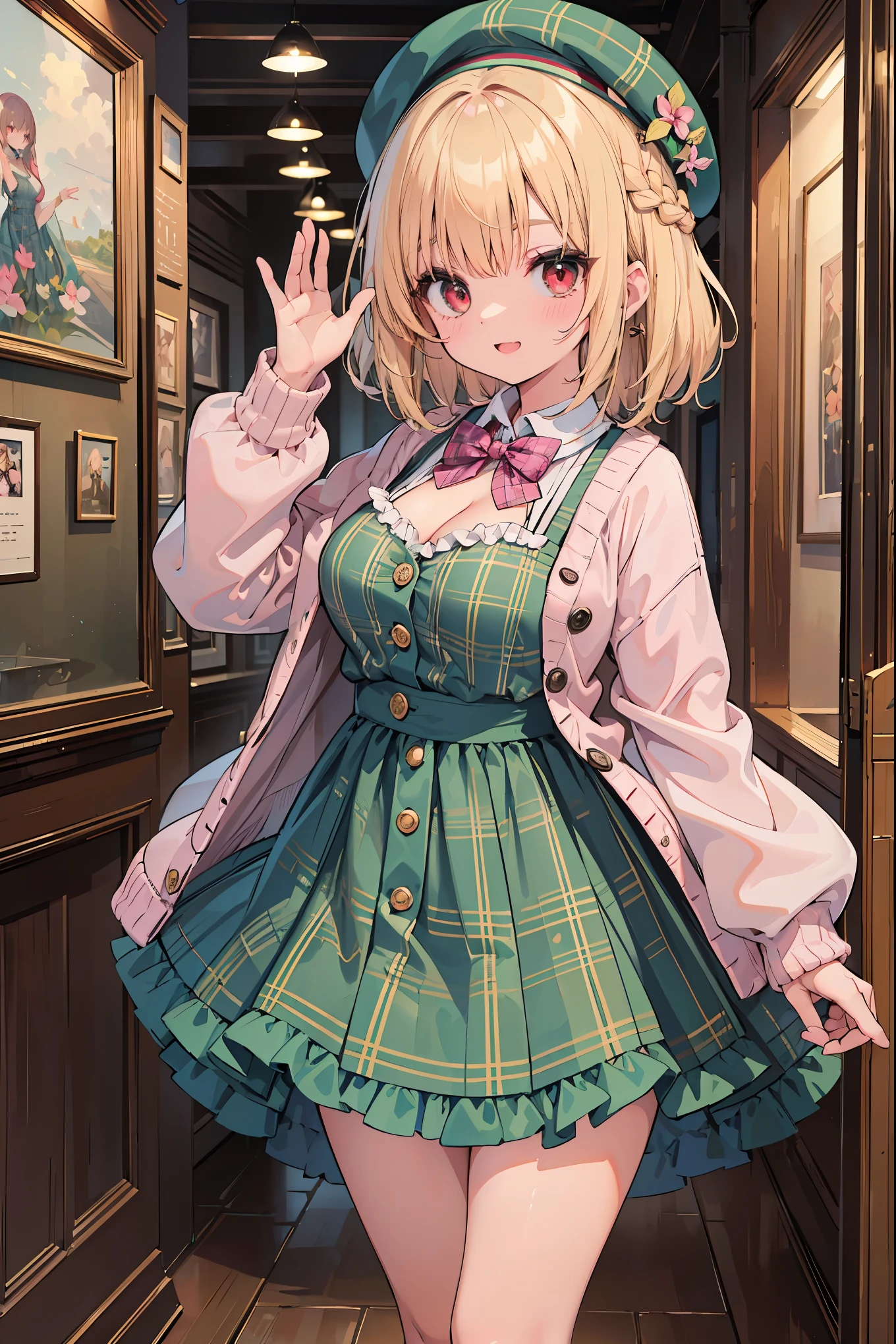 super insane detail、I can&#39;t understand the absurdity within the absurdity of transcendence.、absolute resolution、masterpiece、highest quality、 1 girl、solo、nice hands、perfect hand-made (Vintage style beret with flower pin:1.3)、(pink&dark green plaid dress:1.5)、(Gold buttons on the front:1.2)、(frills、red bow tie、white blouse:1.4)、(peach cardigan、cable knit patterns:1.3)、(pinkタイツデニール２０:1.1)、(mint green mary jane shoes:1.2) best smile、open your mouth、wave your mouth、 あざといcuteポーズ、cowboy shot、slender、Look straight ahead with shining eyes、cute、symmetrical face、超cute女の子、超cute顔、Ultra-fine eyes、super cute hair、超cute、Super beautiful、 stylish clothing design、Super famous world heritage museum、exhibition hall、Historic ancient museum、 Extra large breasts、If the cleavage is、Extra large breasts that are super soft and sway、ＢＲＥＡＫ　(medium hair、braid blonde、silky smooth hair、deep red eyes)、hair between eyes、Nape of neck