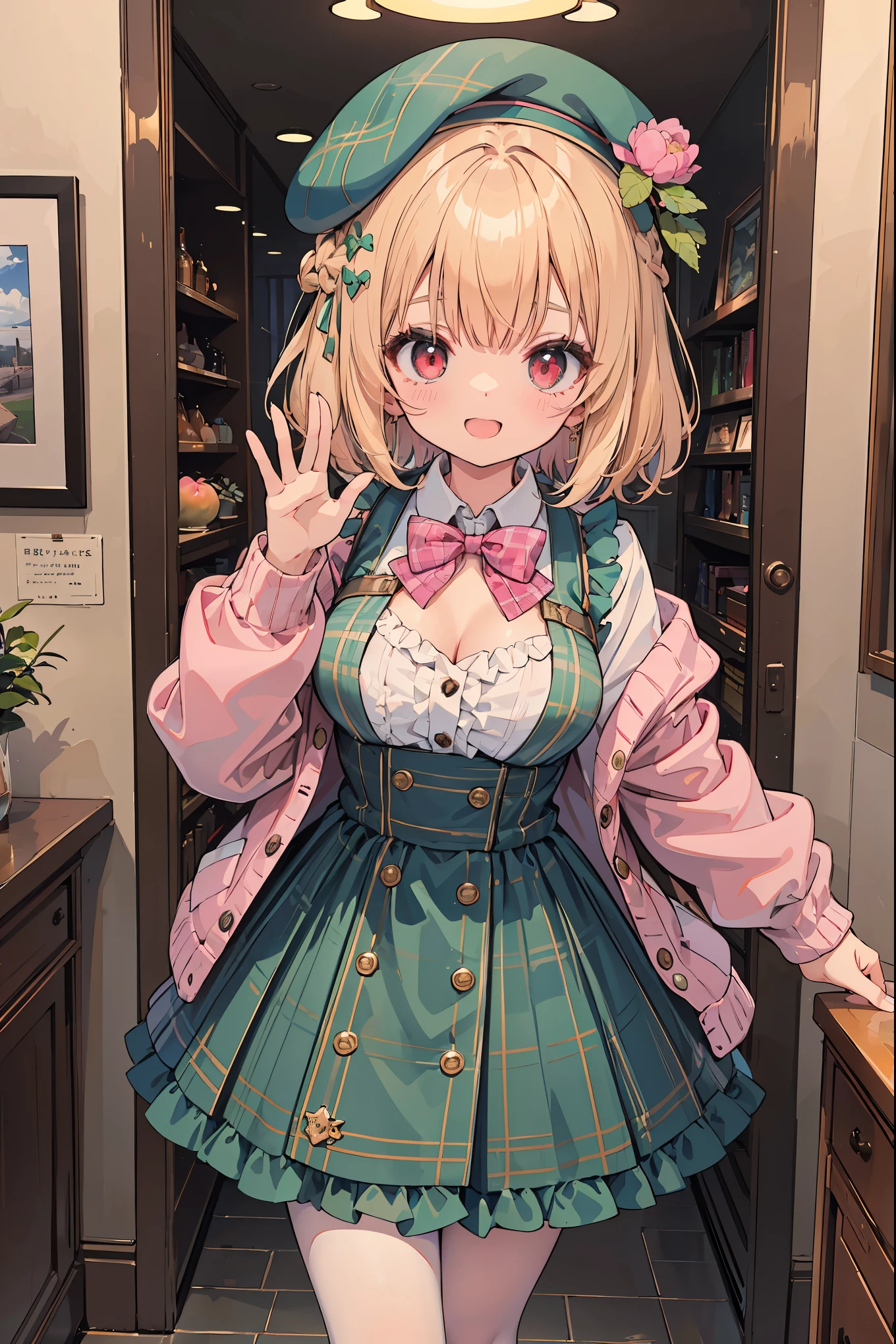 super insane detail、I can&#39;t understand the absurdity within the absurdity of transcendence.、absolute resolution、masterpiece、highest quality、 1 girl、solo、nice hands、perfect hand-made (Vintage style beret with flower pin:1.3)、(pink&dark green plaid dress:1.5)、(Gold buttons on the front:1.2)、(frills、red bow tie、white blouse:1.4)、(peach cardigan、cable knit patterns:1.3)、(pinkタイツデニール２０:1.1)、(mint green mary jane shoes:1.2) best smile、open your mouth、wave your mouth、 あざといcuteポーズ、cowboy shot、slender、Look straight ahead with shining eyes、cute、symmetrical face、超cute女の子、超cute顔、Ultra-fine eyes、super cute hair、超cute、Super beautiful、 stylish clothing design、Super famous world heritage museum、exhibition hall、Historic ancient museum、 Extra large breasts、If the cleavage is、Extra large breasts that are super soft and sway、ＢＲＥＡＫ　(medium hair、braid blonde、silky smooth hair、deep red eyes)、hair between eyes、Nape of neck
