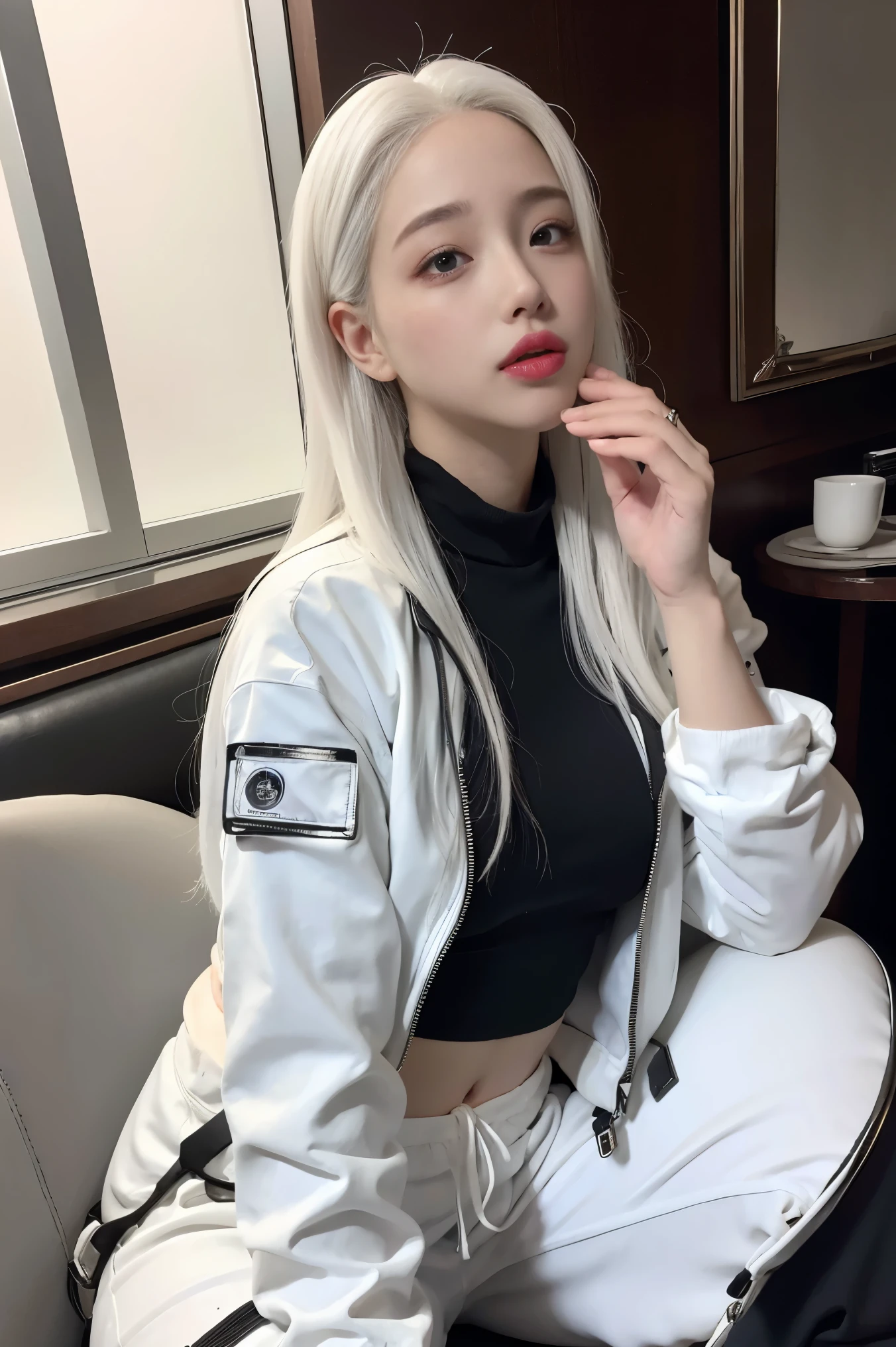realistic, High resolution, 1 female, glowing skin, alone, wide lips,long hair,straight hair,saggy breasts,small face,white hair,Color Contacts,Black down jacket,Sweat pants,up angle,Purse your mouth,Kissing mouth
