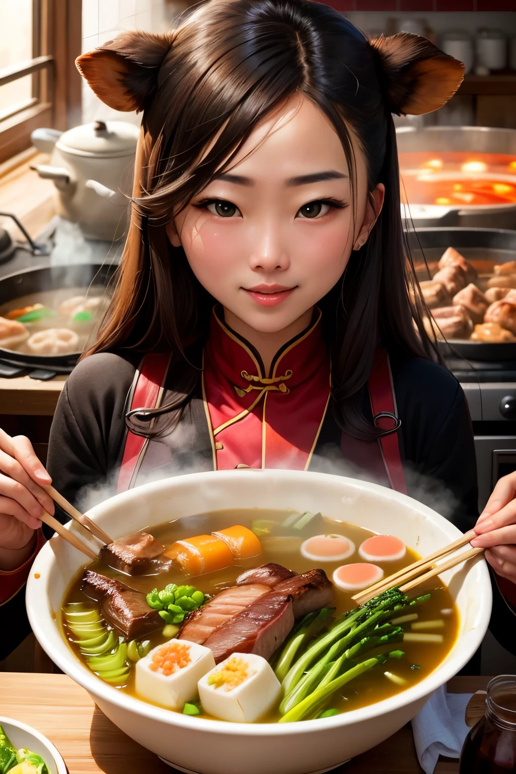best quality，a girl eating，Detailed face，There is a Chinese hotpot in the front，Fat cattle，lamb leg，Green vegetables，There is a lot of meat on the table