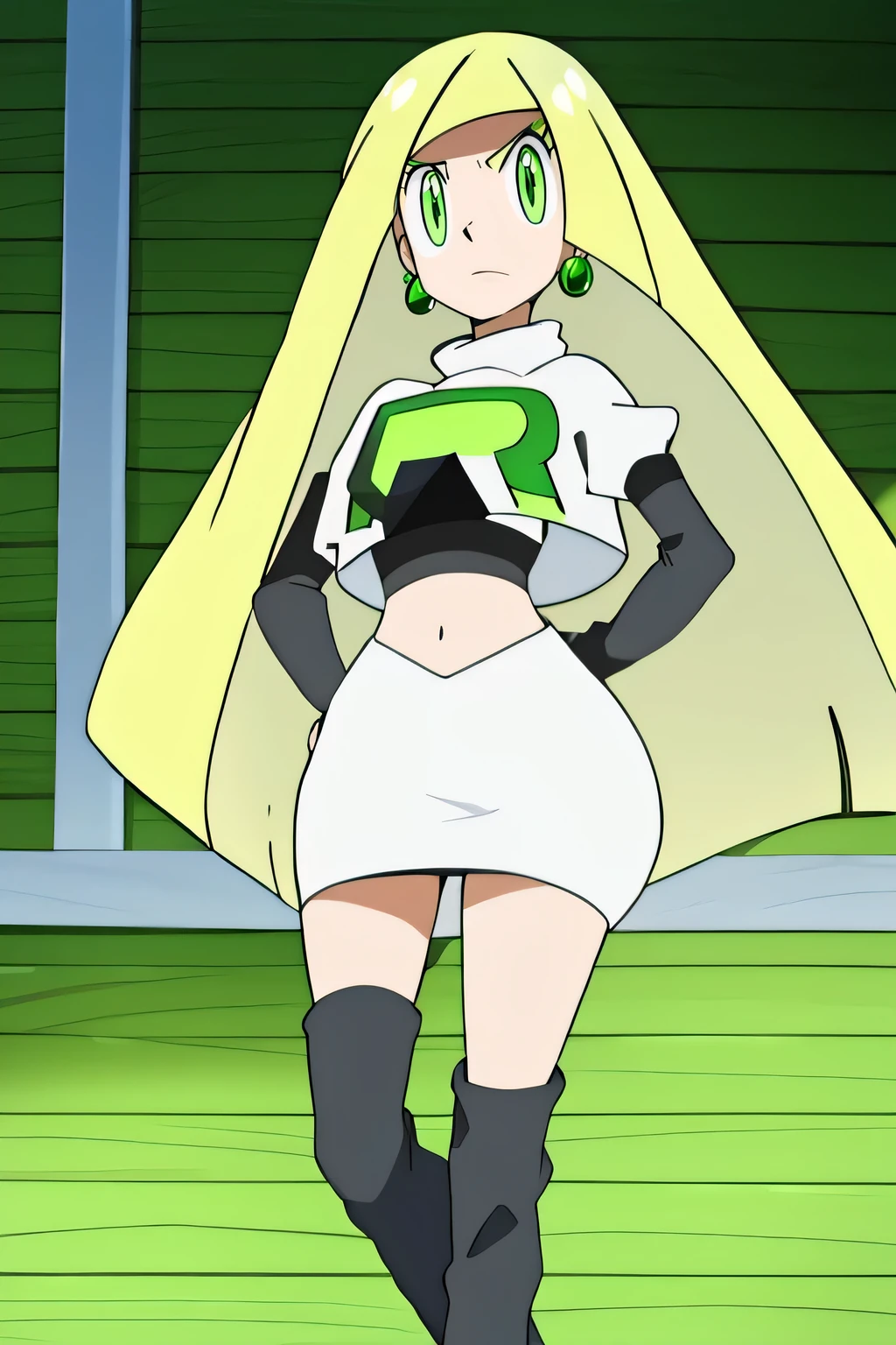 pokemonlusamine, blonde hair, (green eyes:1.5), hair over one eye, long hair, multicolored hair, streaked hair, very long hair, ,earrings, glossy lipsmasterpiece, best quality, highres,team rocket uniform, red letter r, white skirt, white crop top, black thigh-high boots, black elbow gloves, glaring angrily, looking down at viewer, hands on hips, full body seen, zettai ryouiki