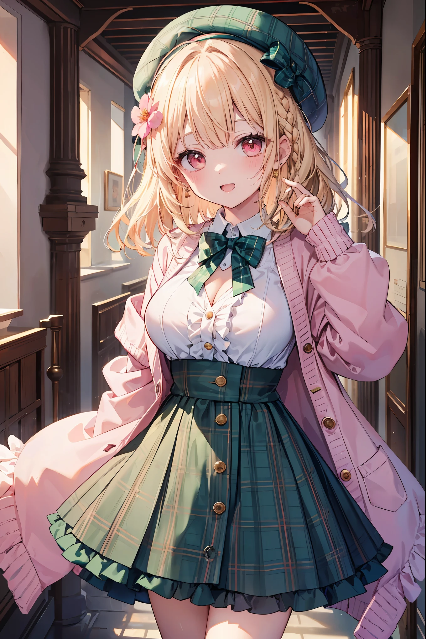 super insane detail、I can't understand the absurdity within the absurdity of transcendence.、absolute resolution、masterpiece、highest quality、 1 girl、solo、nice hands、perfect hand-made (Vintage style beret with flower pin:1.3)、(pink&dark green plaid dress:1.5)、(Gold buttons on the front:1.2)、(frills、red bow tie、white blouse:1.4)、(peach cardigan、cable knit patterns:1.3)、(pinkタイツデニール20:1.1)、(mint green mary jane shoes:1.2) best smile、open your mouth、wave your mouth、 あざといcuteポーズ、cowboy shot、slender、Look straight ahead with shining eyes、cute、symmetrical face、超cute女の子、超cute顔、Ultra-fine eyes、super cute hair、超cute、Super beautiful、 stylish clothing design、Super famous world heritage museum、exhibition hall、Historic ancient museum、 Extra large breasts、If the cleavage is、Extra large breasts that are super soft and sway、BREAK (medium hair、braid blonde、silky smooth hair、deep red eyes)、hair between eyes、Nape of neck