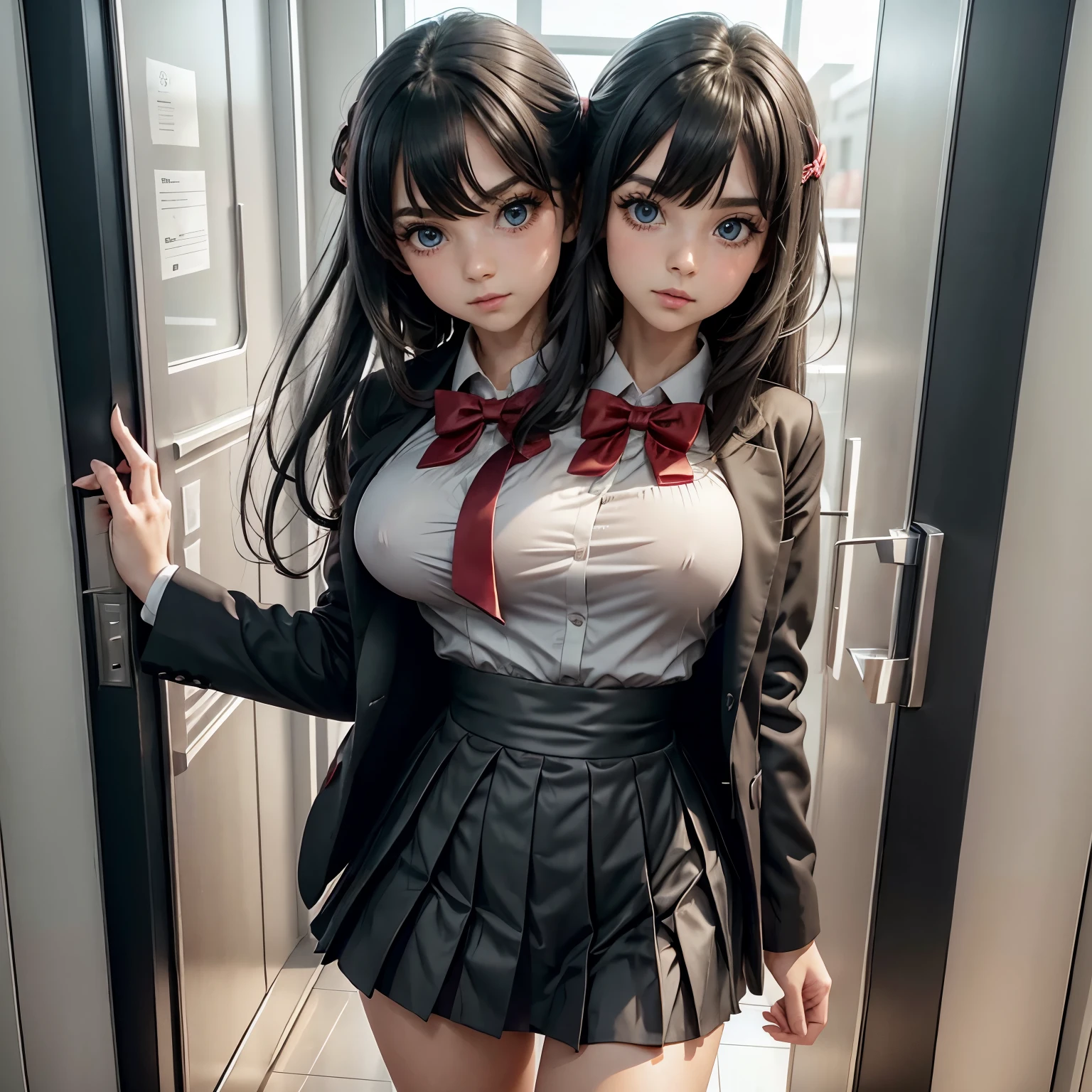 Arya, 1girl, solo, long hair, blue eyes, ahoge, bow, looking at viewer, red bow, jacket, bowtie, long sleeves, breasts, shirt, open jacket, red bowtie, door, cowboy shot, collared shirt, indoors, school uniform, white hair, standing, open clothes, skirt, bangs, dress, grey jacket, black dress, blush, pleated skirt, parted lips, medium breasts, pleated dress, white shirt, hair between eyes, white jacket, hand up, blazer, black skirt, thighs, open door, hallway, (two heads)