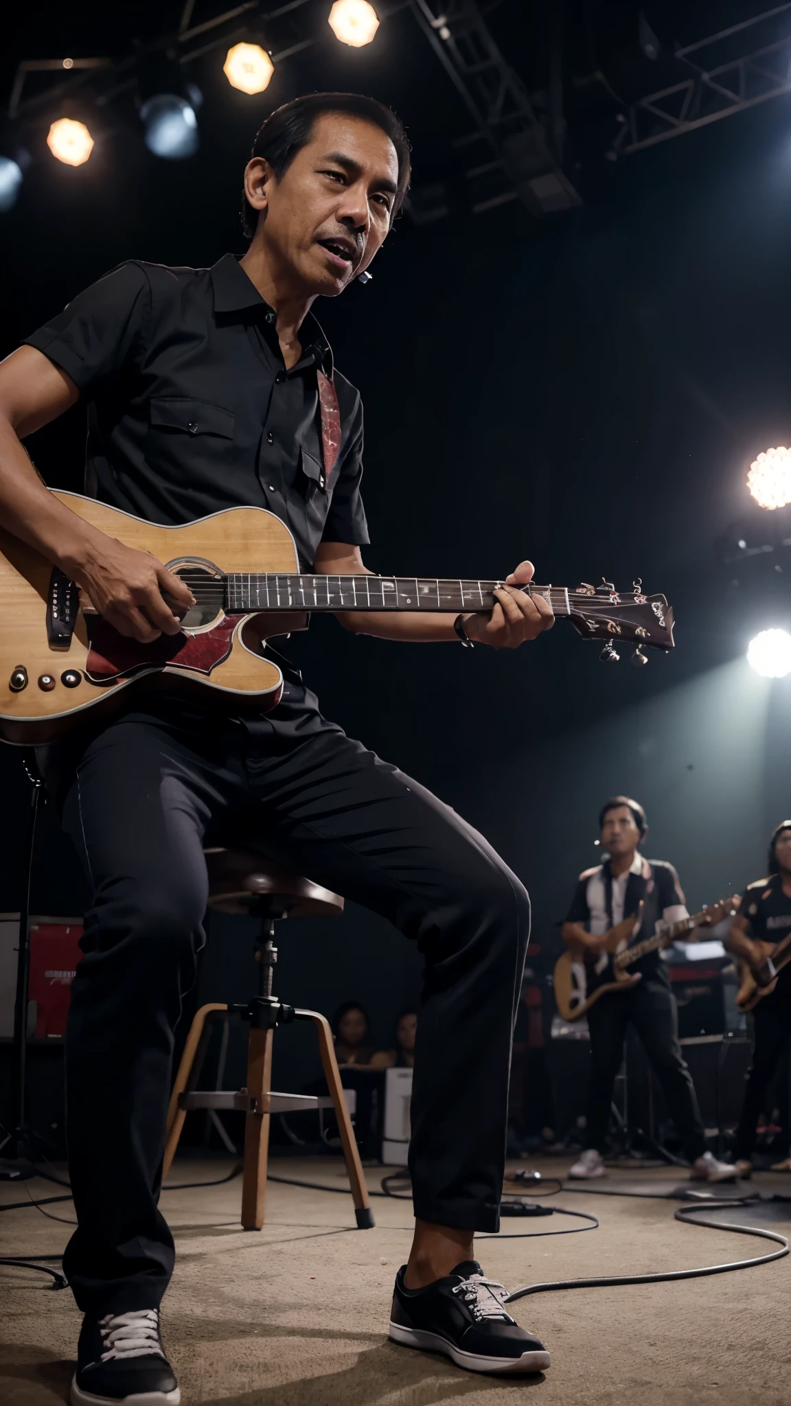 Jokowi Widodo man playing the guitar stand on mic, rockstar, crowd cheering, lights, concert, band, having fun, Indonesian , realistis, hyperrealistic 