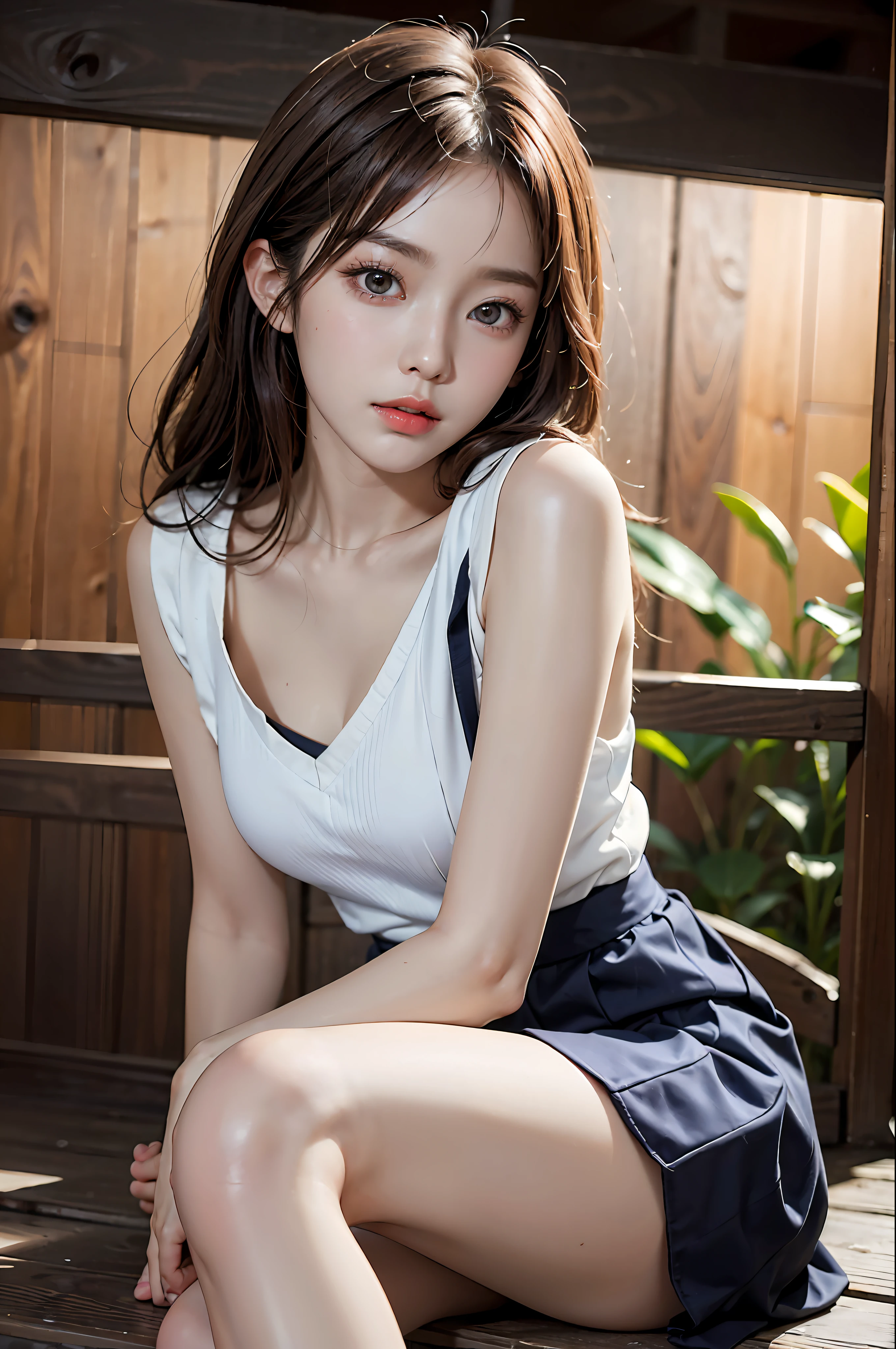 Masterpiece, best picture quality, one beautiful girl, detailed eyes, swollen eyes, brown hair, long hair, fair skin, cute, cute legs, short skirt, Japanese woman, Asian beauty, moonlight, strong eyes, professional lighting, bright lighting, double eyelids, slender, Japanese woman, Asian beauty,