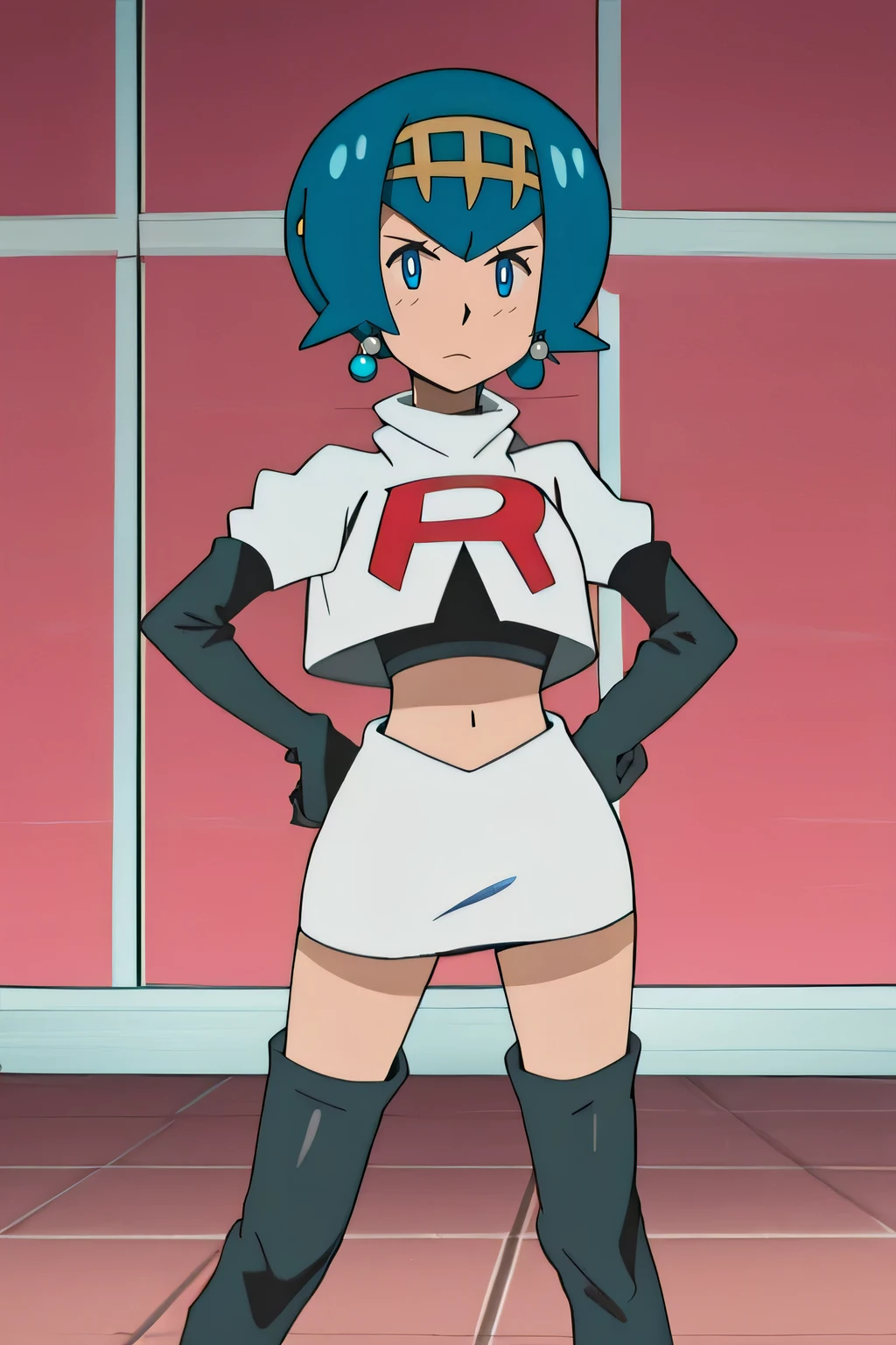lana, long hair, blue hair, white pupils, hair ornament, ,earrings, glossy lips ,masterpiece, best quality, highres,team rocket uniform, red letter r, white skirt, white crop top, black thigh-high boots, black elbow gloves, glaring angrily, looking down at viewer, hands on hips, full body seen, zettai ryouiki