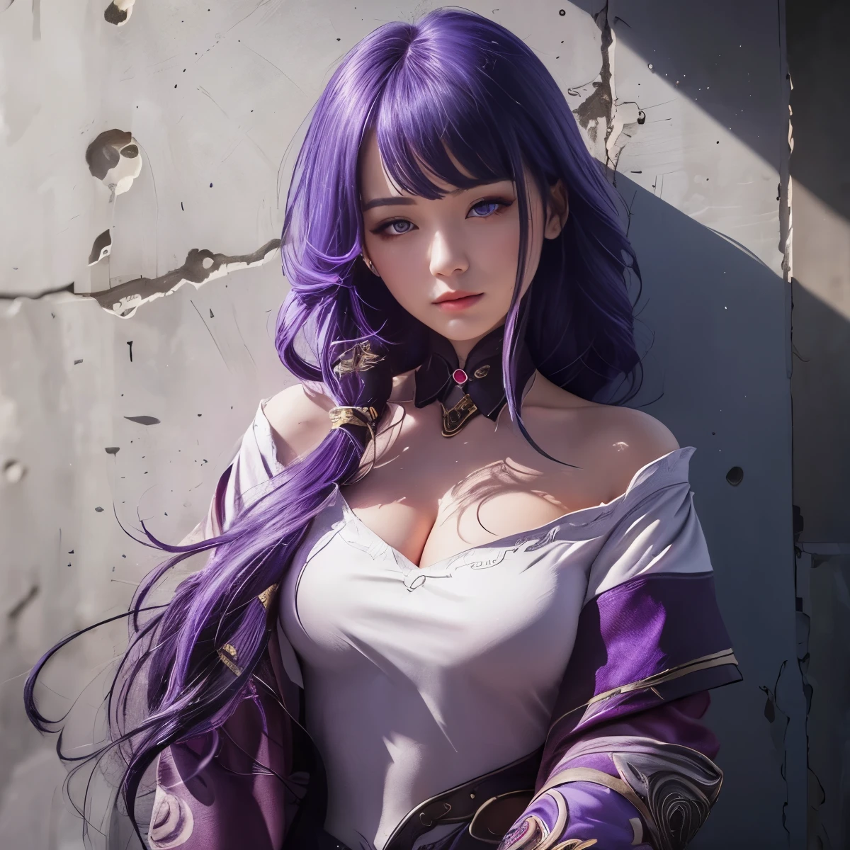 (ultra realistic photo, 8k uhd, full of details in clothes and face, masterpiece, girl goddess of beauty). Shogun Raider from Genshin Impact is a sexy woman with long, flowing purple hair, who wears a highly detailed sexy lingerie, she wears a jewel on the side of her head adorned with gold details and a gem in the center. - She wears a purple and pink outfit with gold details, with ornate designs in gold. The upper part of the armor is tight to the body, highlighting its curves. (she has long breasts, huge and perfect breasts emerging from her sexy, erotic cleavage, sharp pointed BREASTS), ((transparent micro panties showing pussy, perfect pussy)), defined body, body with curves, big perky ass, pussy showing, His arms are covered in armored gloves that have similar designs in gold and are attached to his upper arm by straps. - A piece of cloth flows from his waist, complementing the armor look. - Her face is very beautiful, she has light pink eyes and a serious expression. - In the background, there is a dramatic sky full of dark clouds and lightning lighting the scene. A full moon is also visible between the clouds.