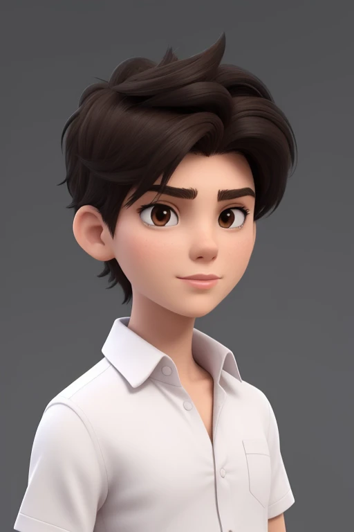 A young male with short black hair and dark eyes,eyes are big,Experimenting in a white shirt , no glasses,White background, ,3D, cartoon, Detailed face, Only head and neck,Asymmetric 16k