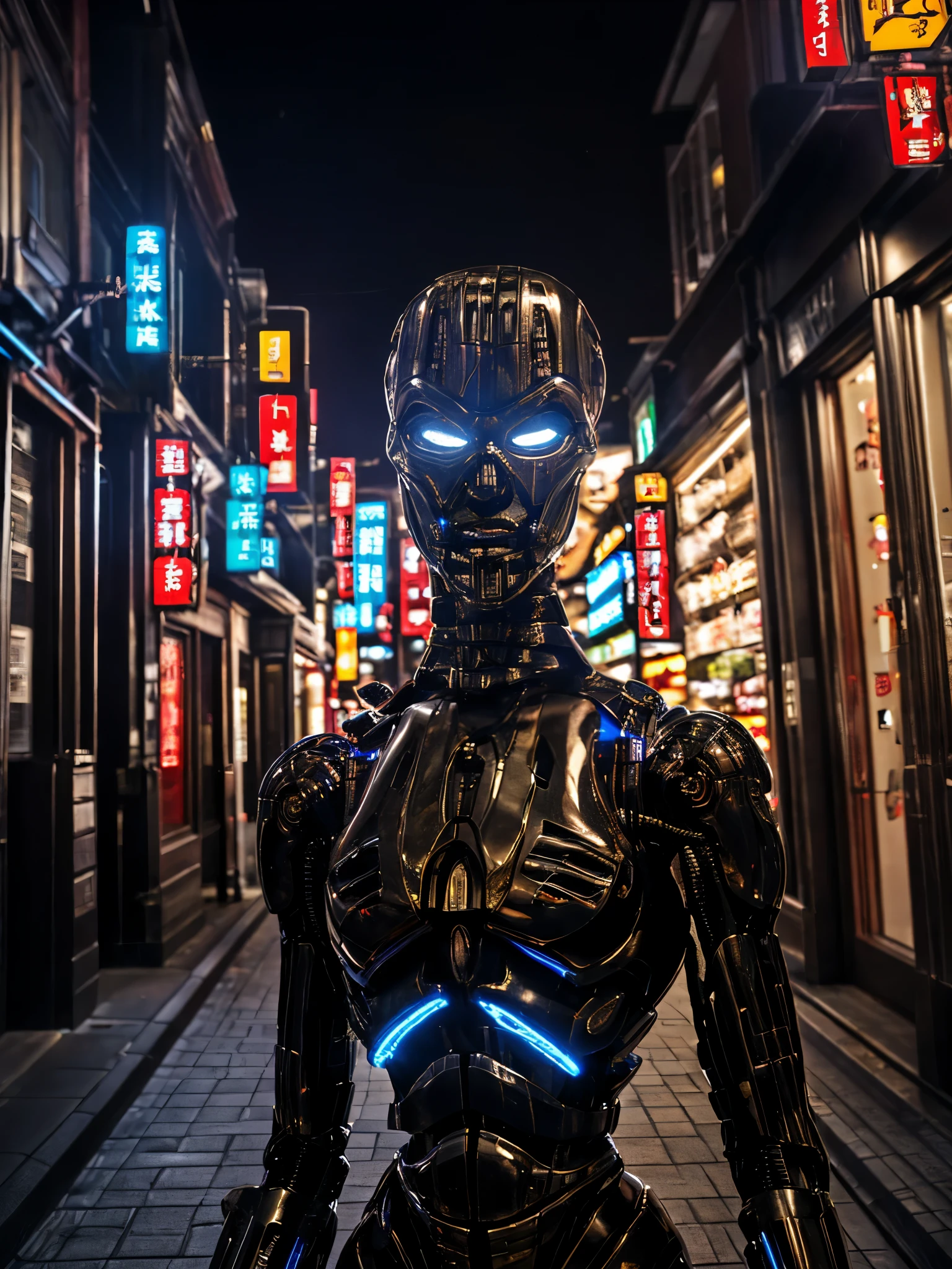 realistic, TX endo, (TX Endoskeleton:1.5), detailed TX endoskeleton, ultrarealistic TX endo, dark lighting, city street, (tokyo street), (deep focus), (sharp details), (detailed environment:1.0), best quality, ultra HD 8K