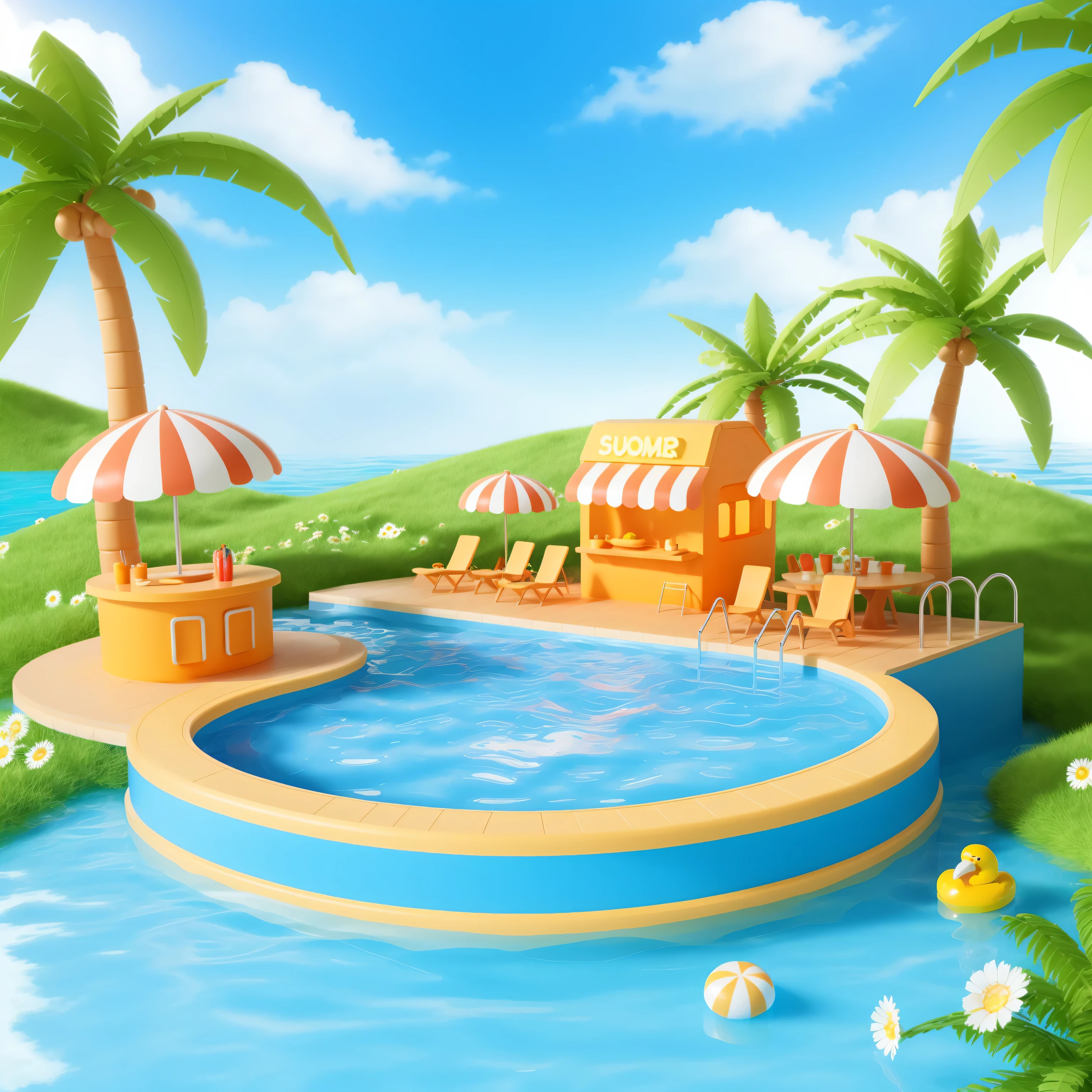 3ddianshang\(style\),a cartoon-style swimming pool,Swimming pool with inflatable swimming ring,duck float,Summer atmosphere,Colorful ice cream stall,outdoor,no humans,digital rendering,sunny,blue sky,Palm tree,Grass,flowers,daisy,bright colors,Playful design,outdoors,masterpiece, best quality,