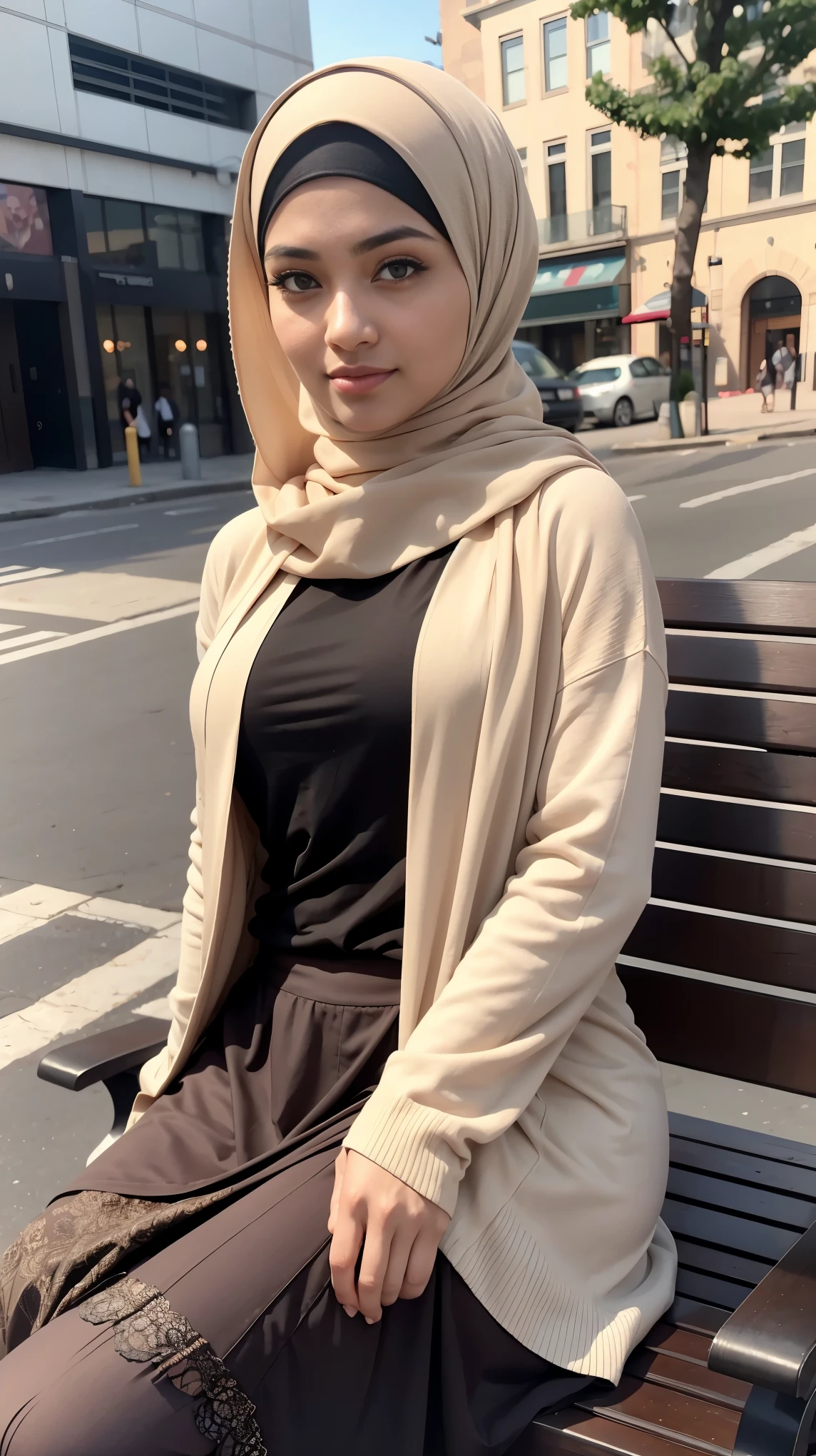 RAW, Best quality, high resolution, masterpiece: 1.3), beautiful Malay woman in hijab, Masterpiece, perfect fit body, big breasts,,beautiful big eyes, Soft smile, muslim ,close up, woman standing on a bench in a black top and brown very long skirt, hijab, casual pose, with lovely look, lovely woman,, beautiful woman, instagram picture, beautiful lady, beautiful girl, in city street