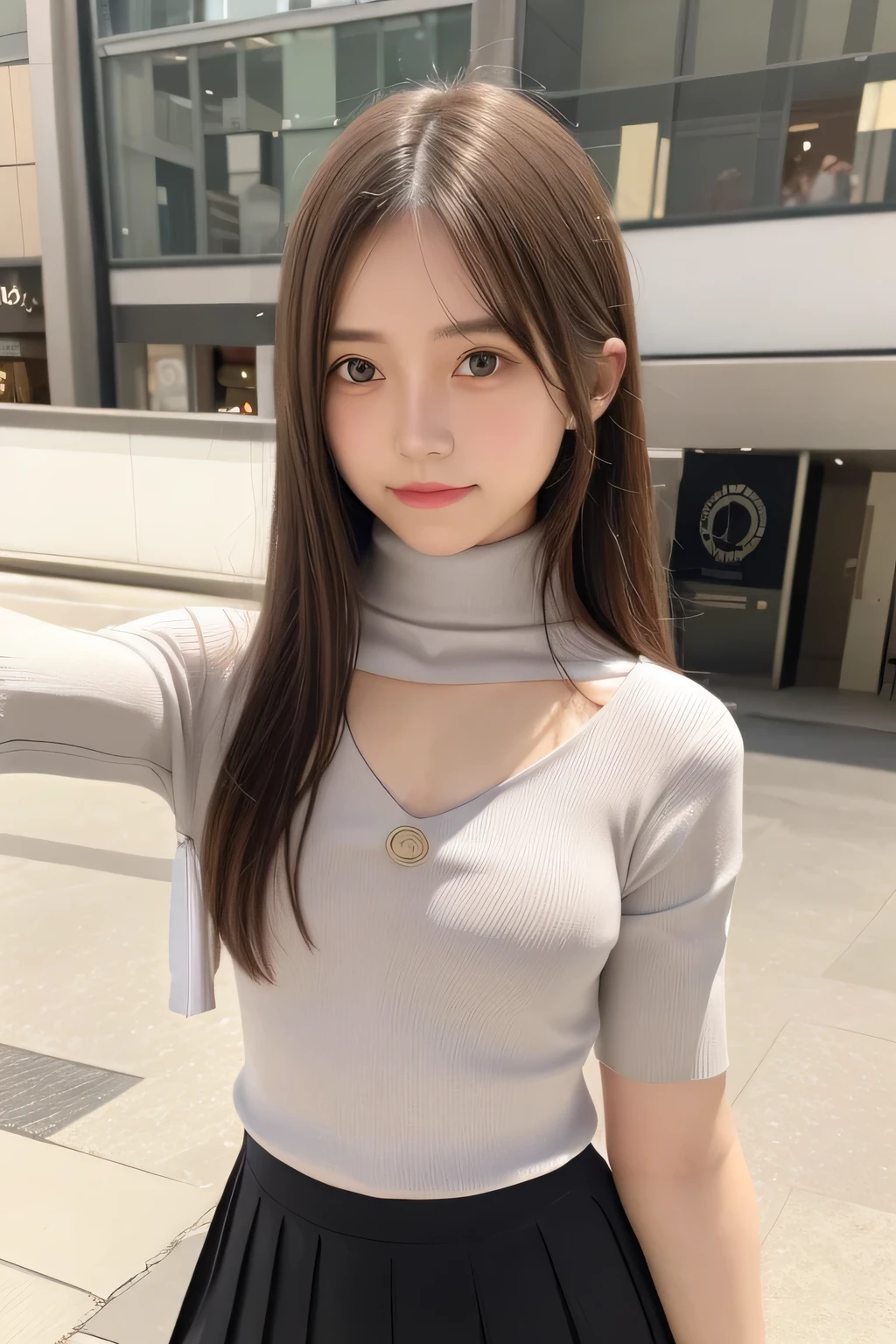pieces fly、masterpiece、highest quality、Super detailed、High resolution、High resolution、8K portrait、unity 8k wallpaper、Detailed CG、unity 8k wallpaper、Detailed CGユニティ8kの壁紙、realistic、real person、portrait photography、shiny skin、(16 years old:1.2)、(cute:1.2)、High resolution、beautiful clear eyes、very detailed explanation、delicate face、nice lips、thin waist、thin legs、1 girl、(Shopping mall:1.3)、(short sleeve turtleneck knit:1.5)、(pleated skirt:1.3)、(cute smile:1.2)、(Self snap:1.5)、((flat chest:1.8))、((nipples visible through clothes:1.6))