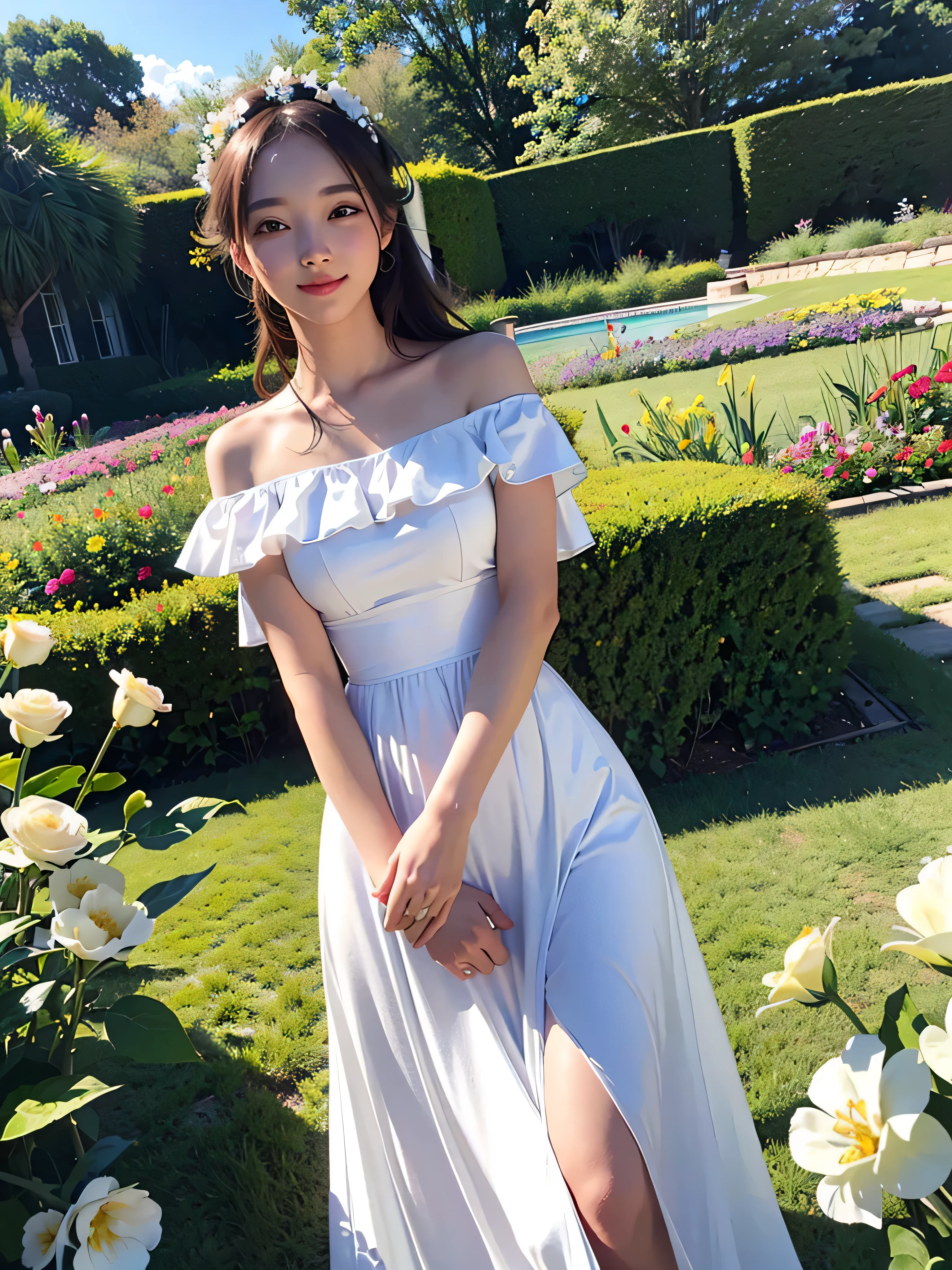 highest quality、masterpiece、ultra high resolution、(photorealistic:1.4)、Raw photo、1girl、white dress、off shoulder、flower garden、glowing skin、light smile