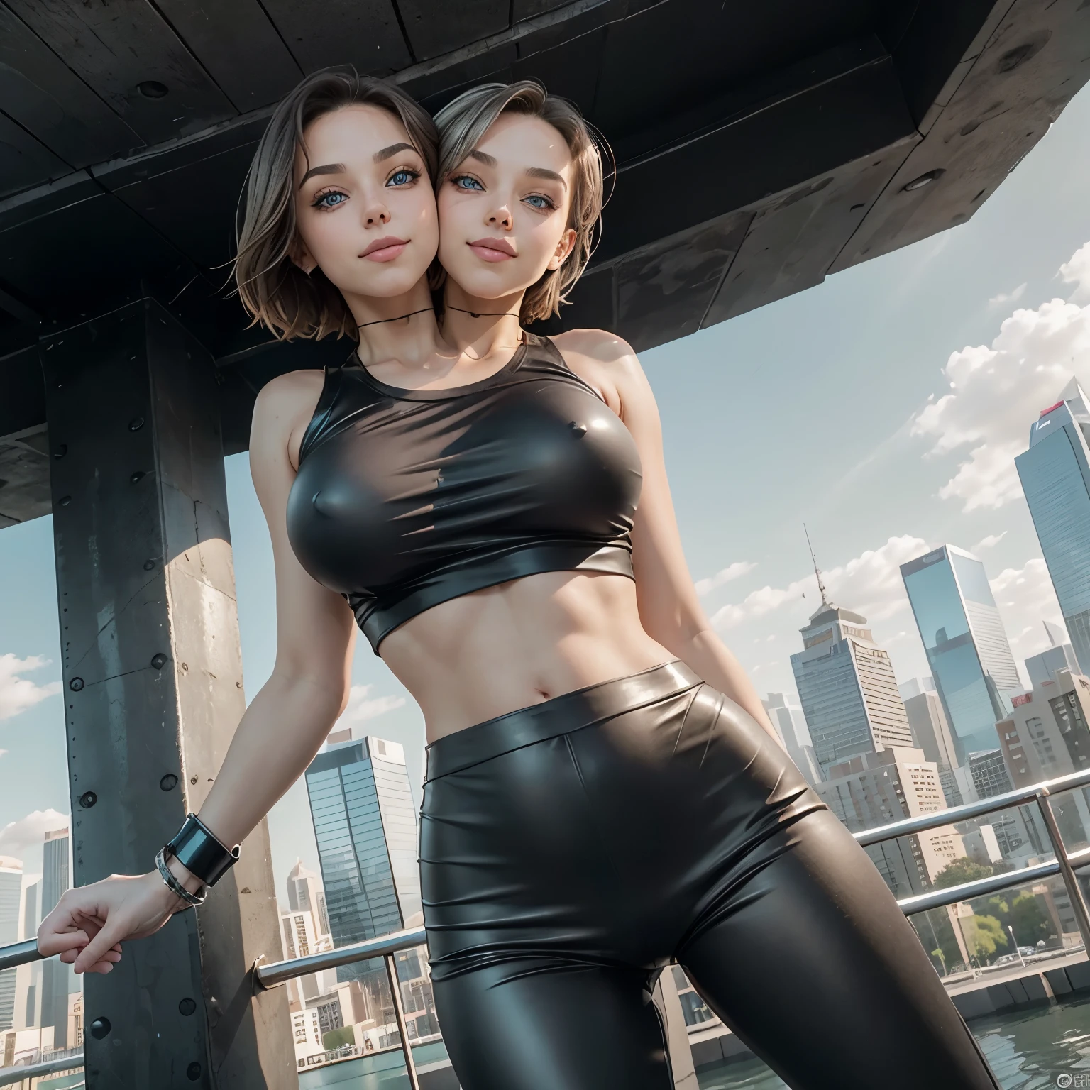 masterpiece, best quality, ultra-detailed),(1girl), blue eyes, short hair, brunette, dynamic angle, dynamic pose, natural lighting, floating, (colored top:1.2|black top), (tight skirt:1.2|leather pants:0.9), (silver bracelet:1.2|watch), (natural background:0.8| cityscape), (smiling:0.8| serious expression), (light in the hair), many drops of water:0.8, (two heads)