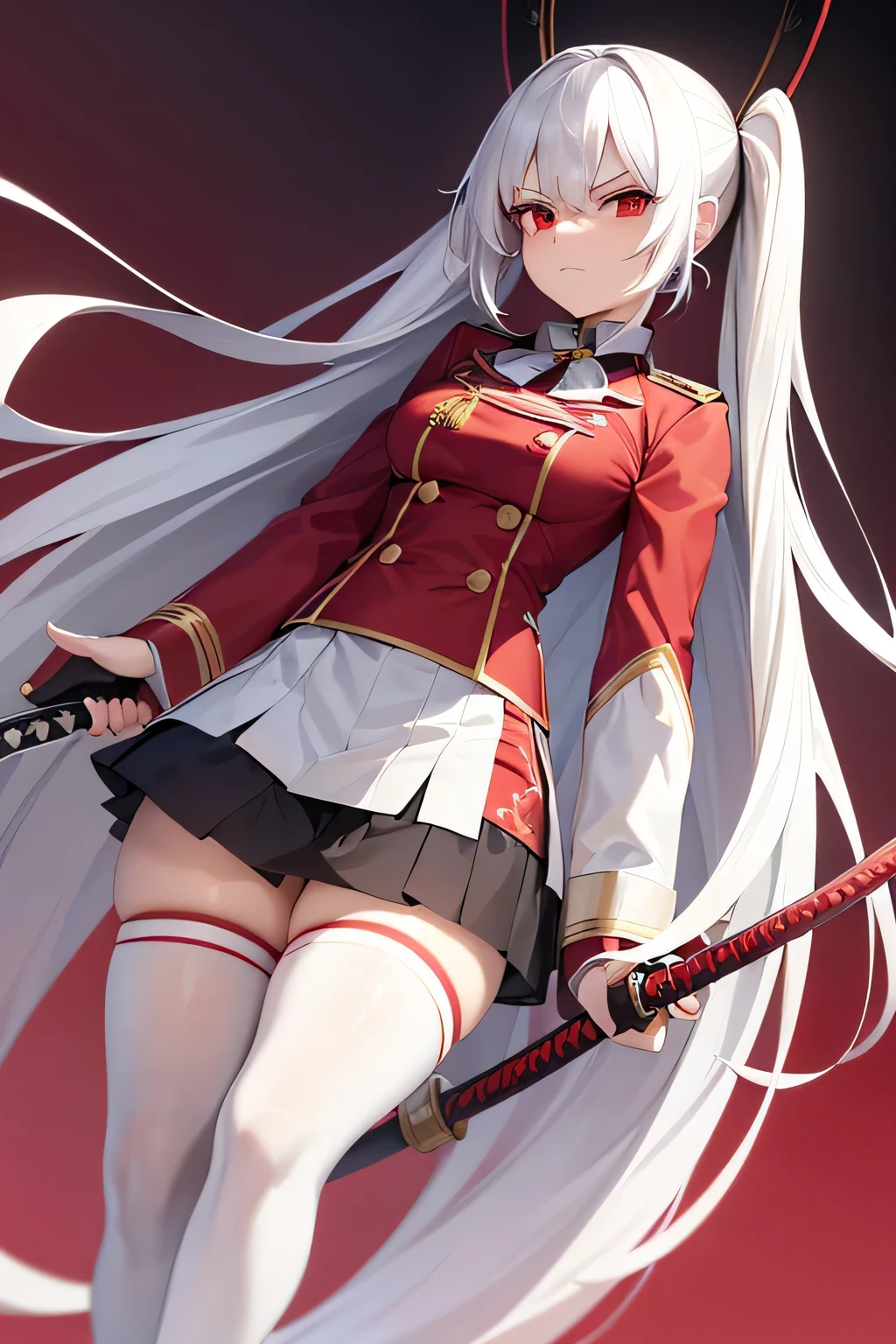 long white hair,Red high school student uniform top,red pupils,Black striped white stockings,Put the katana on your chest,Domineering attitude,A look of disdain,whole body,Blue and white skirt,female high school student,Has long sleeves