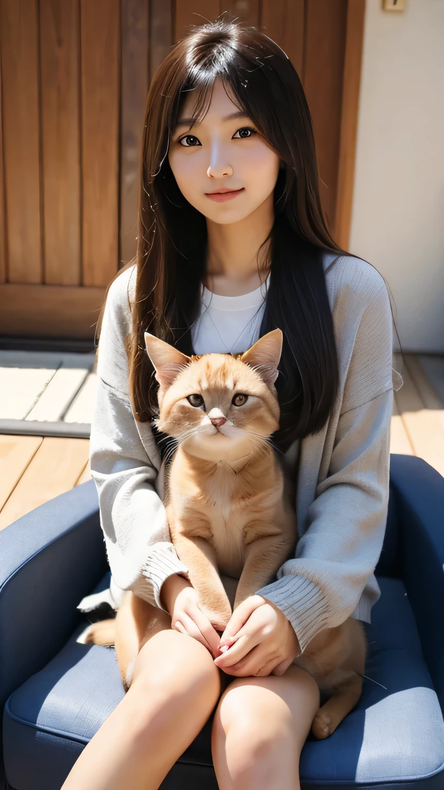 <lora:md_20230912225623:0.6>, oversized cat, best quality, masterpiece, illustration, (realistic, photo-realistic:1.37), amazing, finely detail, incredibly absurdres, huge filesize, ultra-detailed, highres, extremely detailed CG unity 8k wallpaper, ray tracing, nsfw, A cute young Korean girl with cat ears is playing with a giant tabby cat in a cozy living room. The girl is laughing and running around the furniture, which the cat struggles to maneuver around due to its massive size. The cat's head reaches up to the ceiling. Sunshine streams in through the windows.