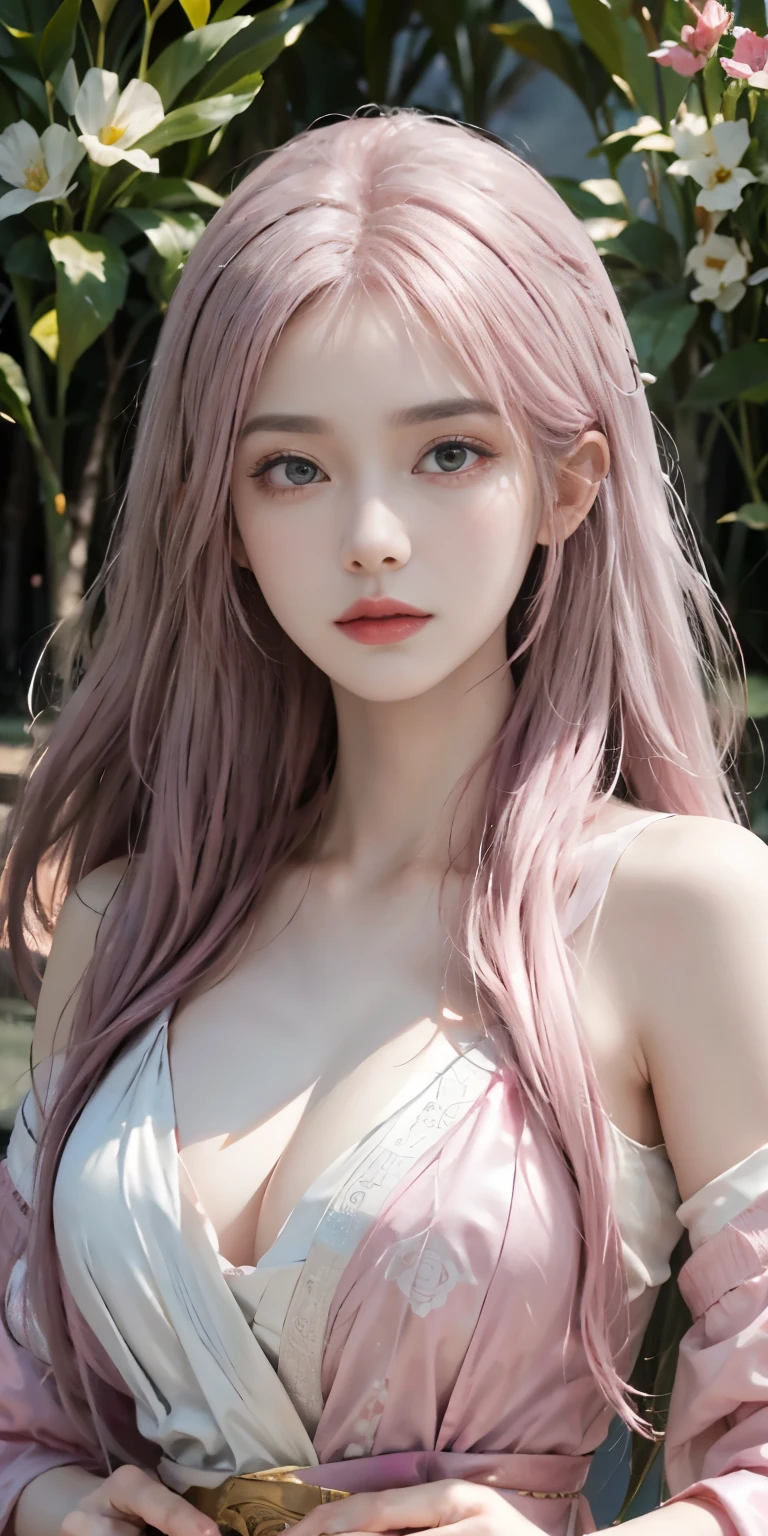 (absurdres, highres, ultra detailed), 1girl, mature female, wavy pink hair, long hair, blunt bangs, green eyes, pink dress, finely detailed eyes and detailed face, extremely detailed CG unity 8k wallpaper, intricate details , kaleidoscopic imagery, symmetrical patterns, vibrant colors, geometric shapes, mesmerizing designs, optical illusions, dynamic composition , pantomime art, expressive body language, silent storytelling, evocative gestures, visual narratives, theatrical performances , blooming flowers, colorful petals, fragrant scents, nature's bounty, vibrant gardens, peaceful scenery