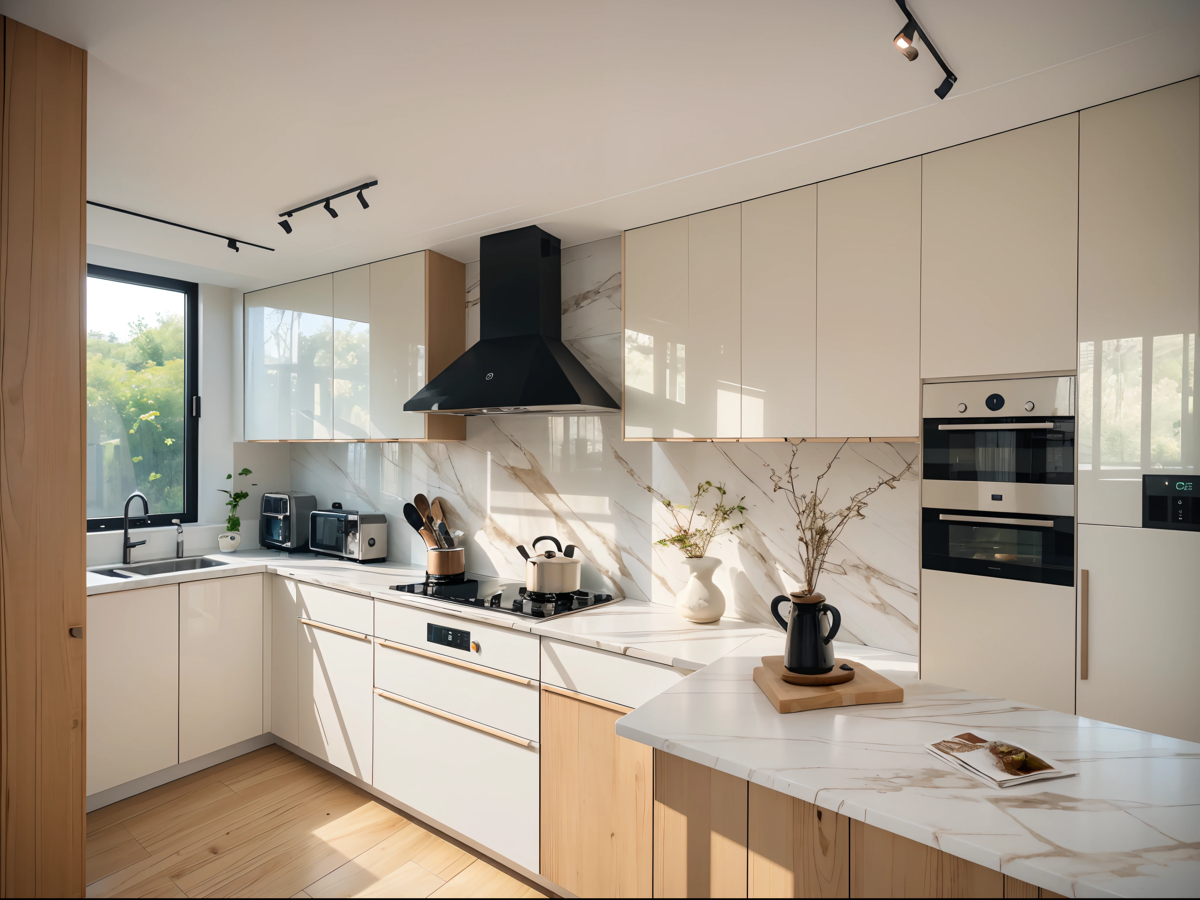 ultra high res. (photorealistic:1.4),,masterpiece, best quality,8k, ultra highres,The countertop of the kitchen is a piece of precious marble,Smooth and shiny,The touch is intoxicating。The walls of the entire kitchen are transparent glass,The outside is covered with a variety of vanilla plants,Sunlight shines through the glass,Light up the entire space。An advanced smart cooking system floats silently in the air,Accompanied by great music,It's like a magician cooking for you。