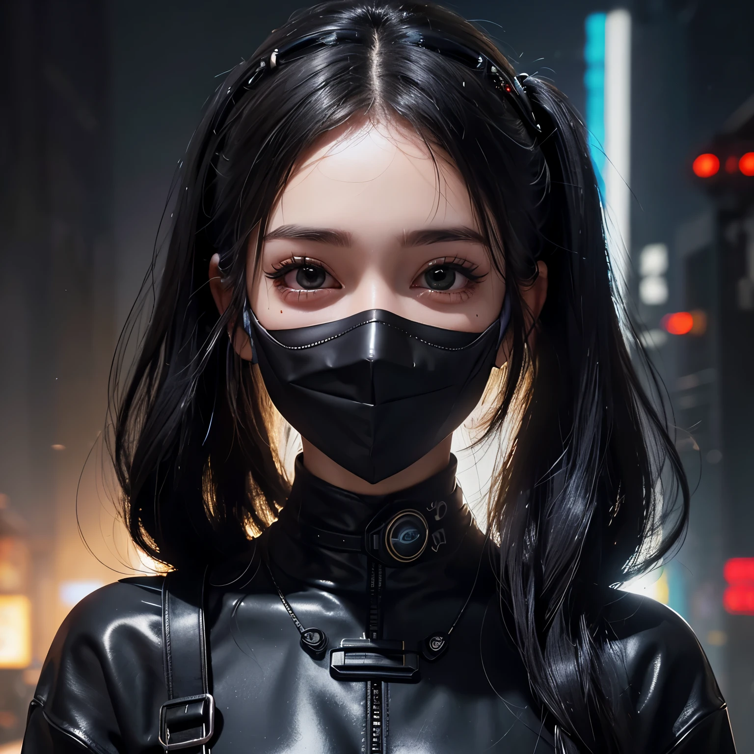 masterpiece, highest quality, masterpiece, Godlike quality, highly detailed face, very realistic, cute, young girl, smile, Big eyes, long eyelashes, shiny skin, shiny skin, Black mask, cyberpunk mask, Black mask, cyberpunk mask