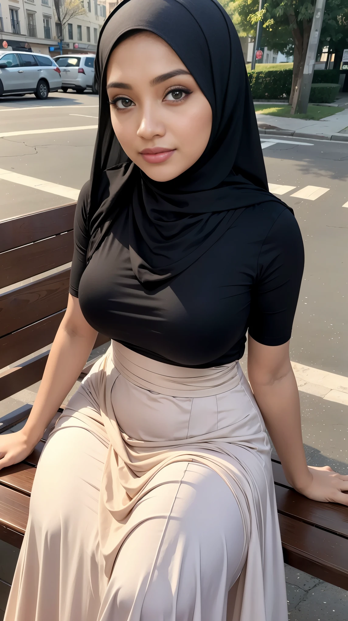 MagazineCover, virginKiller Sweater, Side Chest, (Sleeveless:1.2), cleavage_Cutout,Naked Back,From the side, hijab, medium breast, sagging breast, saggy breast, sagging, big hips, thick thigh, slim abs, small waist, hima,