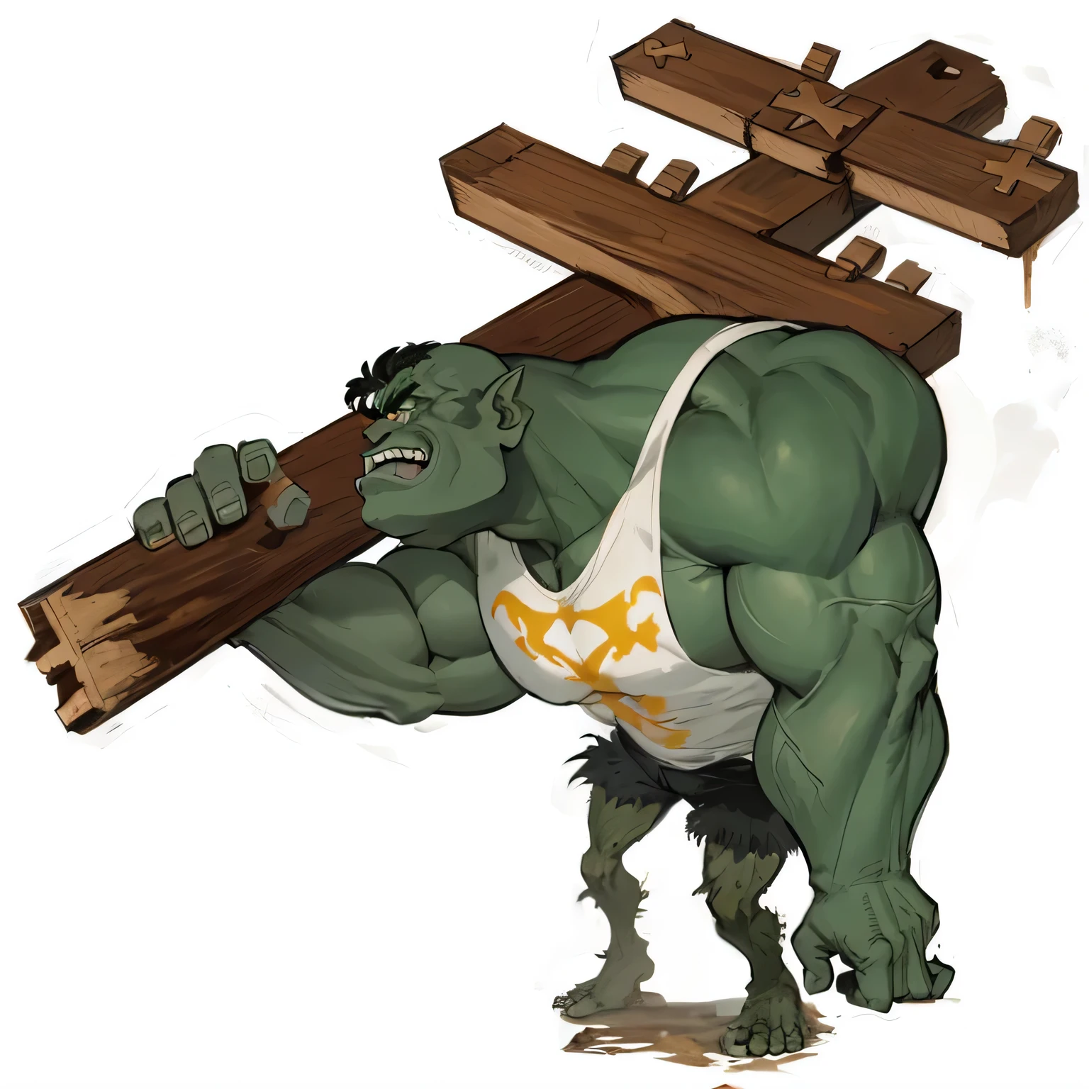 Cartoon of a man carrying a wooden cross, macho monster tough guy, Hulk, as an ugly titan, Hulking, Hulkish, Ogre, orc, Hulk body type, bad, Gollum as a titan, cartoonish style
