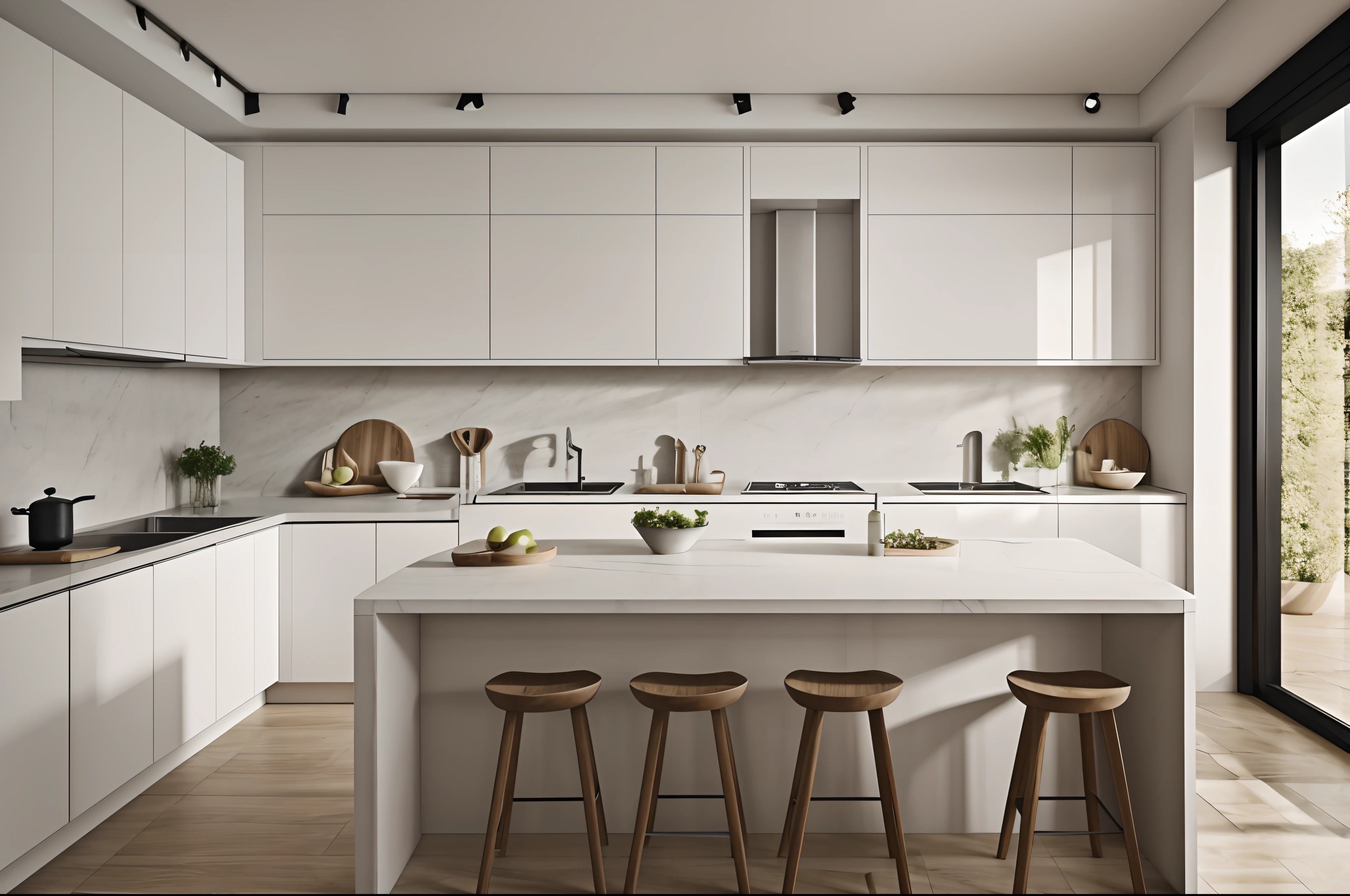 hiperrealismo, de una mueble de cocina, en primerisimo primer plano, en el fondo se observa el ambiente de cocina, sobre la mesa de cosina no hay nada, esta limpia de objetos, hiperrealista, ultrarrealismo, Detalles realistas.