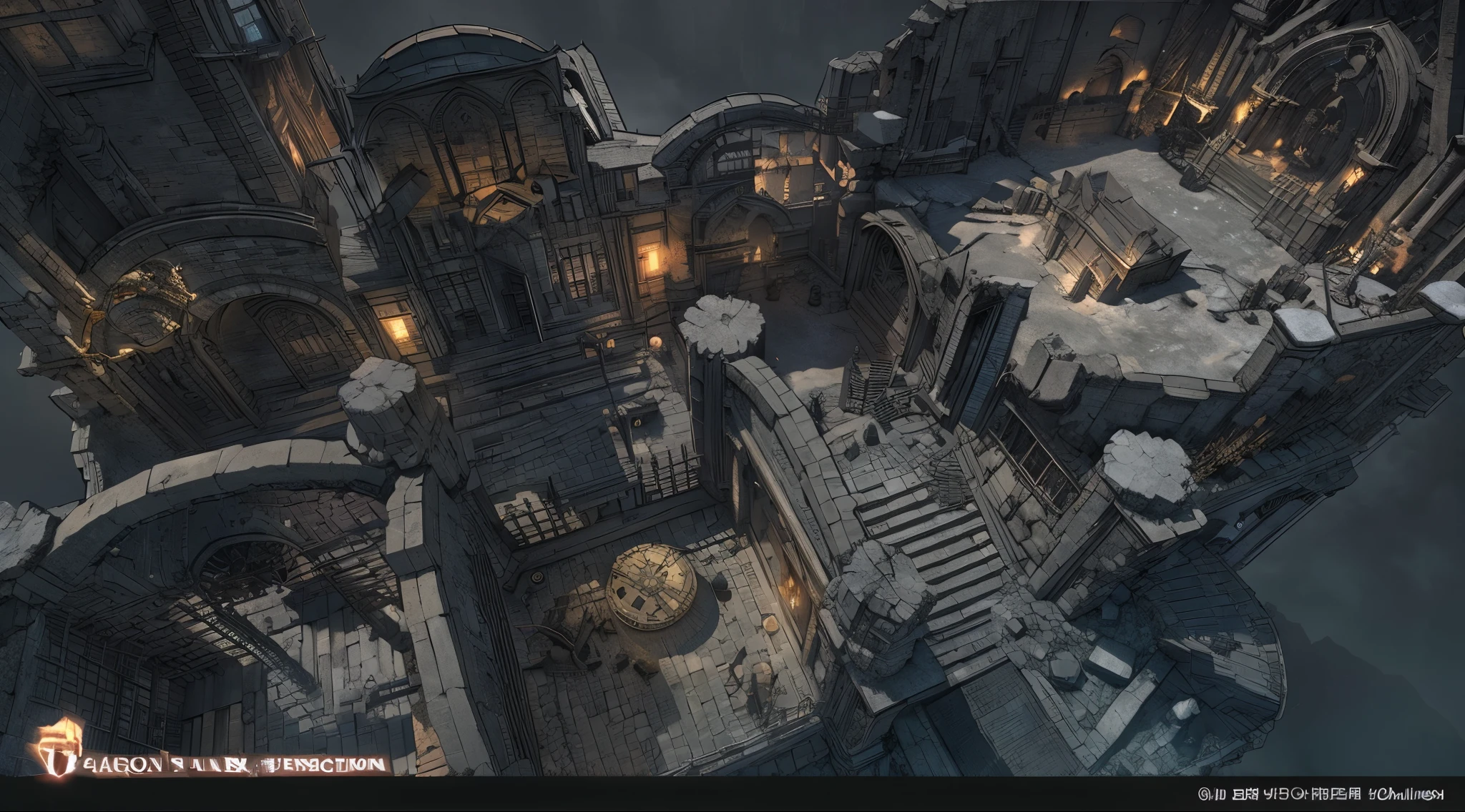 Fantasy RPG urban style, close up angle,Aerial view taken from drone from top to bottom,Big overlook,prison牢笼,中世纪的prison,Torture chamber,cell for prisoners,八个cell,Iron fence,(prison:1.4)(cell:1.4)Dark style,Horror atmosphere,lifeless,Dark magic,broad perspective,Panorama,Forest at night,ruins-like building,Similar altars,Observatory-like building,Remains of civilization,Midnight,In the dark,dim lights,black sky,Mysterious continent,Many remains of medieval civilian residences,Dark style,(巨大的Dark magic从西方发芽:1.2), (The air is filled with black necromancy.:1.2), fire, Ice and thunder, dungeons and dragons, final fantasy, game art, (Coherent architecture and exterior design, Has realistic proportions and textures, intricate details, Hand Painted, energetic, Cinema lighting, masterpiece, 8k:1.2),world map,In the middle of the map is the Holy City (best quality, 4K, high resolution, masterpiece:1.2), Super detailed, actual:1.37 illustrations, Aged canvas texture, colorful, dramatic lighting cobblestone streets with overgrown flora, rundown buildings,with crumbling walls,Broken windows (Majestic castle:1.1) On the hill overlooking the town, Busy market square with towering turrets and drawbridge,Merchants sell magical artifacts and exotic goods, Surrounded by medieval buildings,A group of adventurers gathered around a map, plan their next mission, Various clothing and weapons smoke rising from ruined buildings, implies the most recent and (battle damaged:0.9) Stone wall and scattered debris, depicts the aftermath of a fierce battle,Mechanical weapons feature intricate carvings and ornate decorations, The fantastical nature of the gears and gears of the institution are shown in detail, Revealing its complex inner workings (mysterious creature:1.1) wandering the streets, Such as dragons flying overhead or elves blending into the shadows for a sense of mystery and adventure, Hidden nooks and crannies invite exploration, The scene depicts a devastated medieval town, With a protruding mechanism similar to a machine gun as the core. The artwork exudes a fantasy RPG atmosphere, with close up angles capturing the intricate details of the environment. The high-quality image showcases actual textures and colors, Lighting adds a dramatic air to the scene. The town is full of dilapidated buildings, overgrown flora, and a Majestic castle overlooking the chaos. The Market Square offers a glimpse into the town's diverse residents and adventurers preparing for their next quest. The work incorporates fantasy elements, like mythical creatures, Enhances sense of wonder and adventure