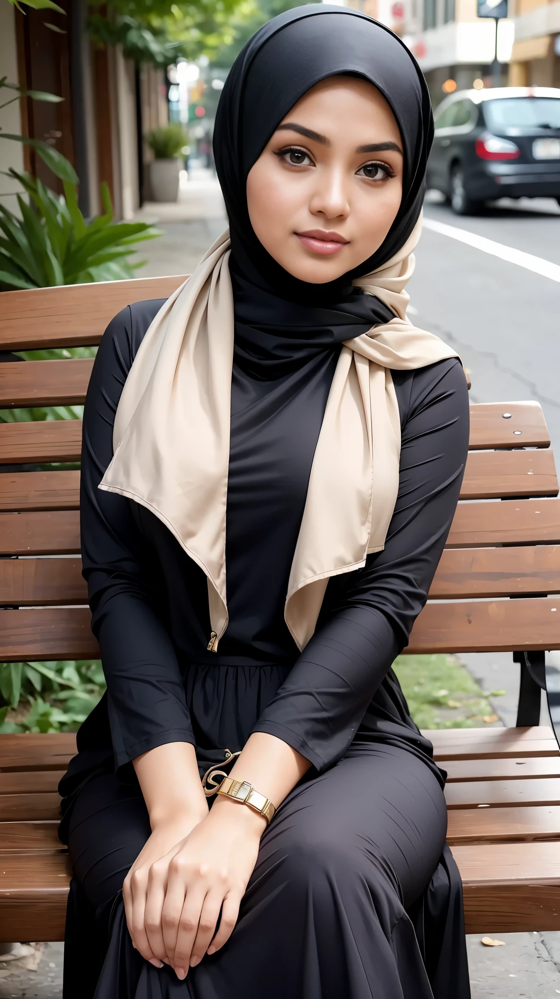 RAW, Best quality, high resolution, masterpiece: 1.3), beautiful Malay woman in hijab, Masterpiece, perfect fit body, big breasts,, beautiful big eyes, Soft smile, muslim ,close up, woman sitting on a bench in a black top and brown very long skirt, handsome girl, hijab, casual pose, with lovely look, lovely woman,, beautiful woman, instagram picture, beautiful lady, beautiful girl, in city street