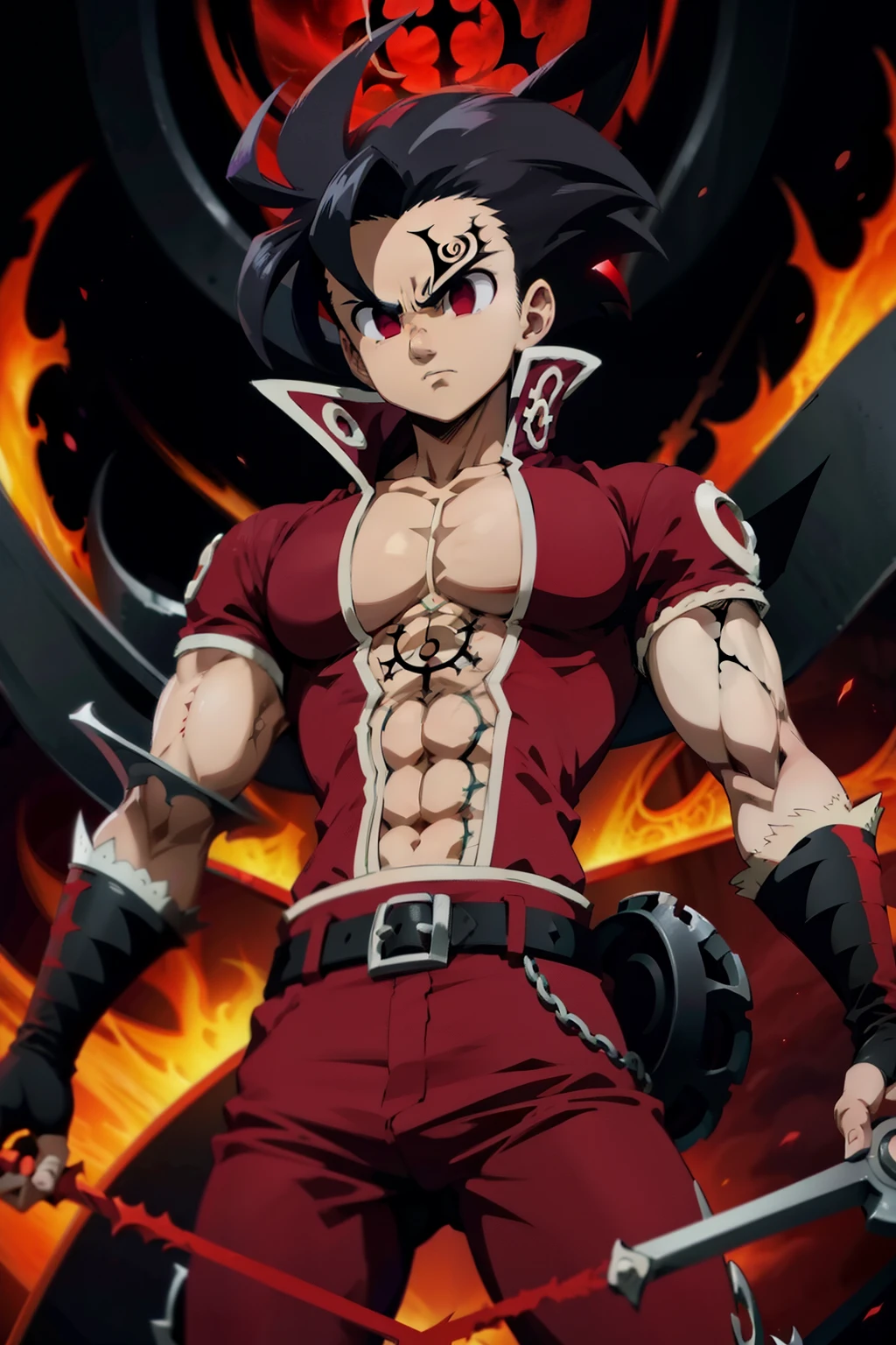 Zeldris fom Seven Deadly Sins with a demonic aura surrounding his body with red glowing eyes and a inverted cross symbols behind him in a red and black background