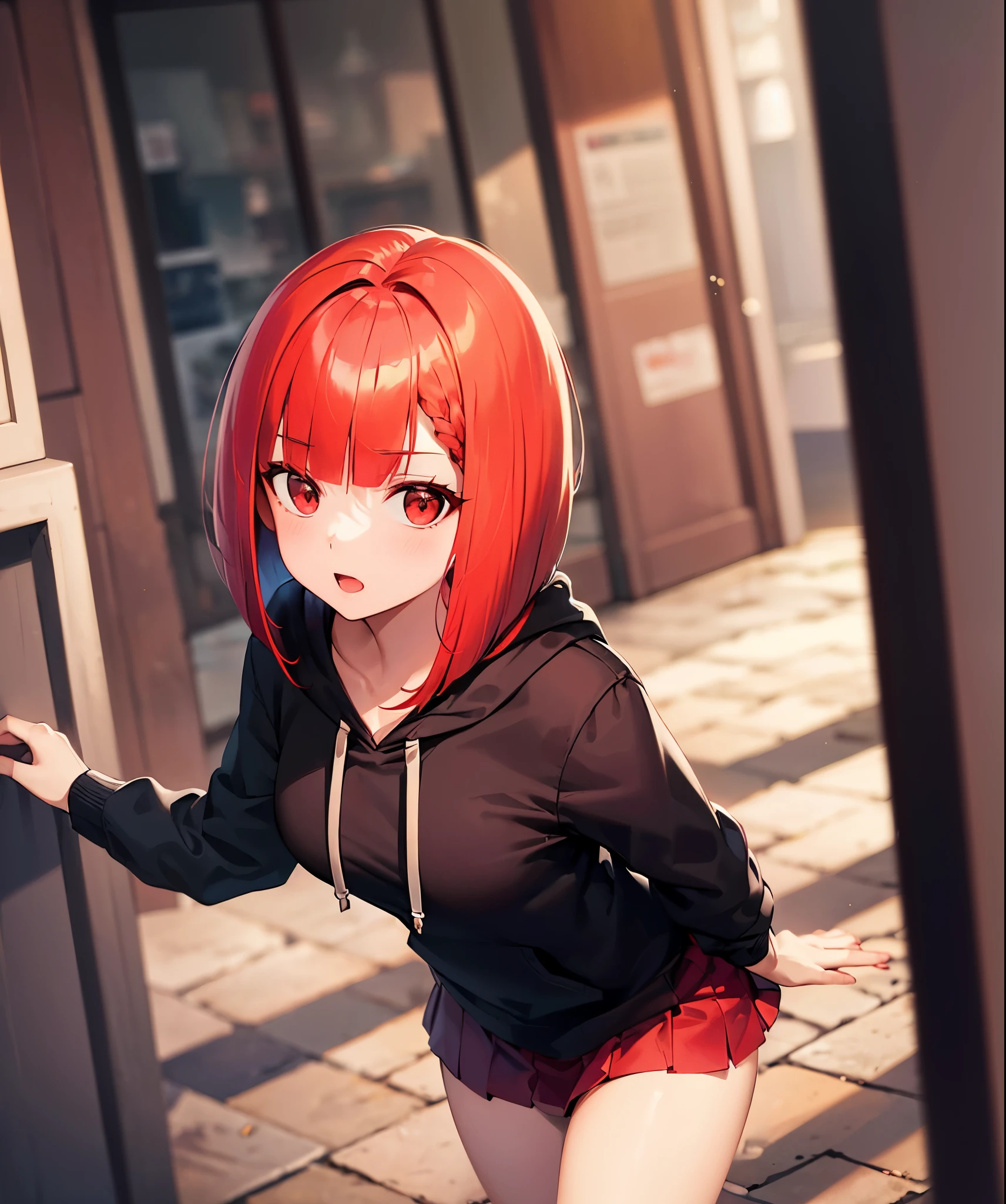 Highest image quality,8K beautiful detailed 1 young girl,(bright red hair:1.5),(short bob:1.5),red eyes,Braided hair,black long sleeve hoodie,Black short skirt,In town,
